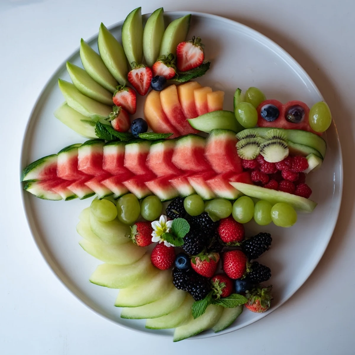 Vibrant dragon-shaped fruit tray, a fun party appetizer bursting with colorful, fresh fruits.