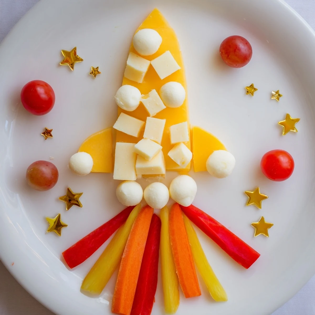 Blast Off Spaceship Snack Board: Colorful, kid-friendly snack board with cheese, veggies, and rocket ship crackers.