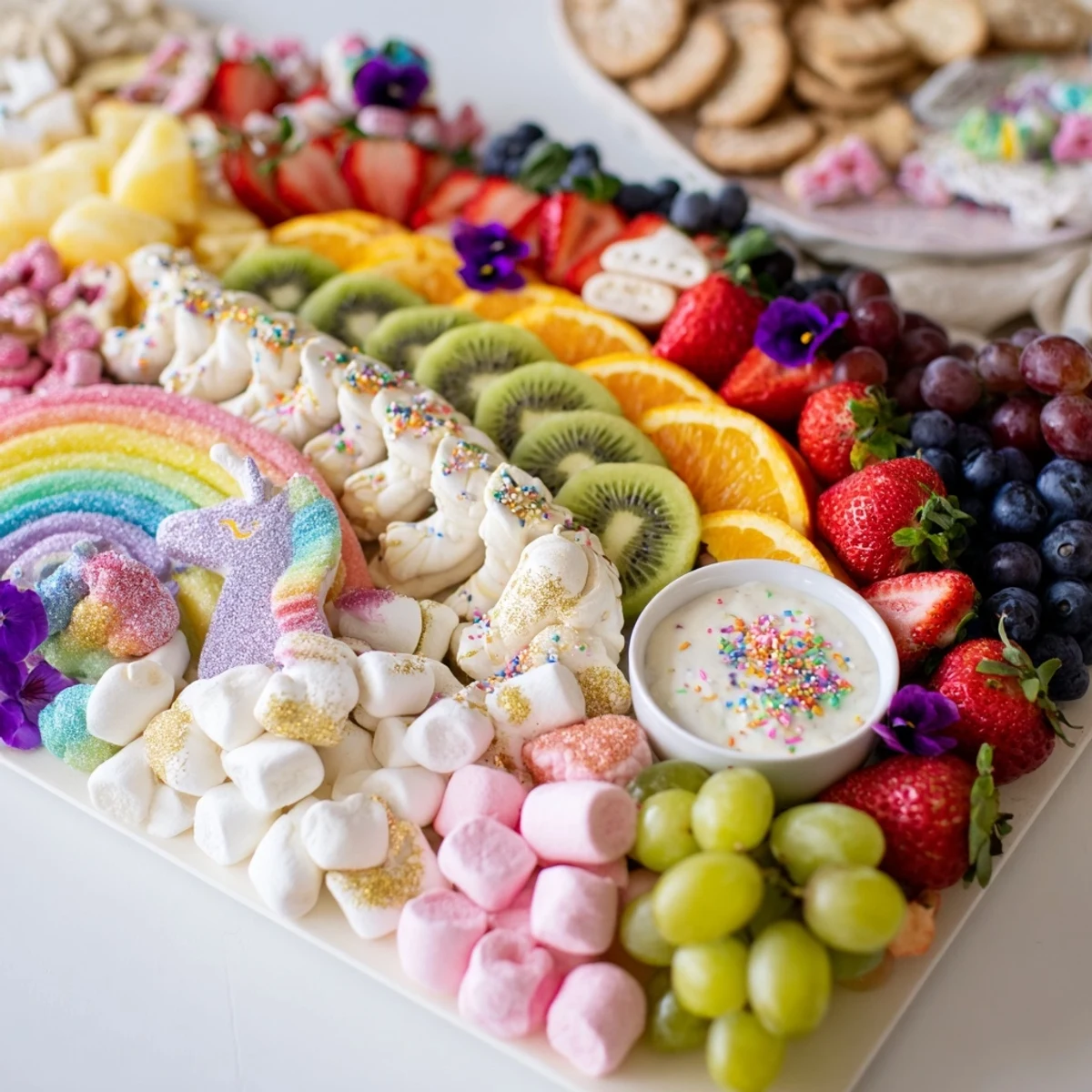 Bright and inviting, this magical unicorn rainbow dessert board sparkles with edible glitter and party-ready flavors.