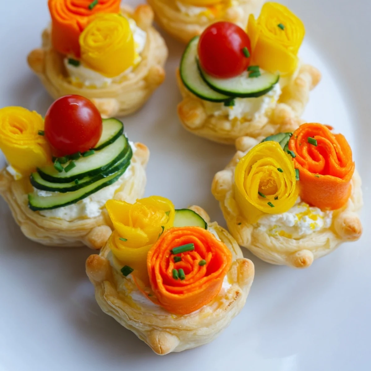 Close-up of freshly baked Fairy Garden Flower Shaped Snacks, ready to eat, showing the colorful vegetable toppings.