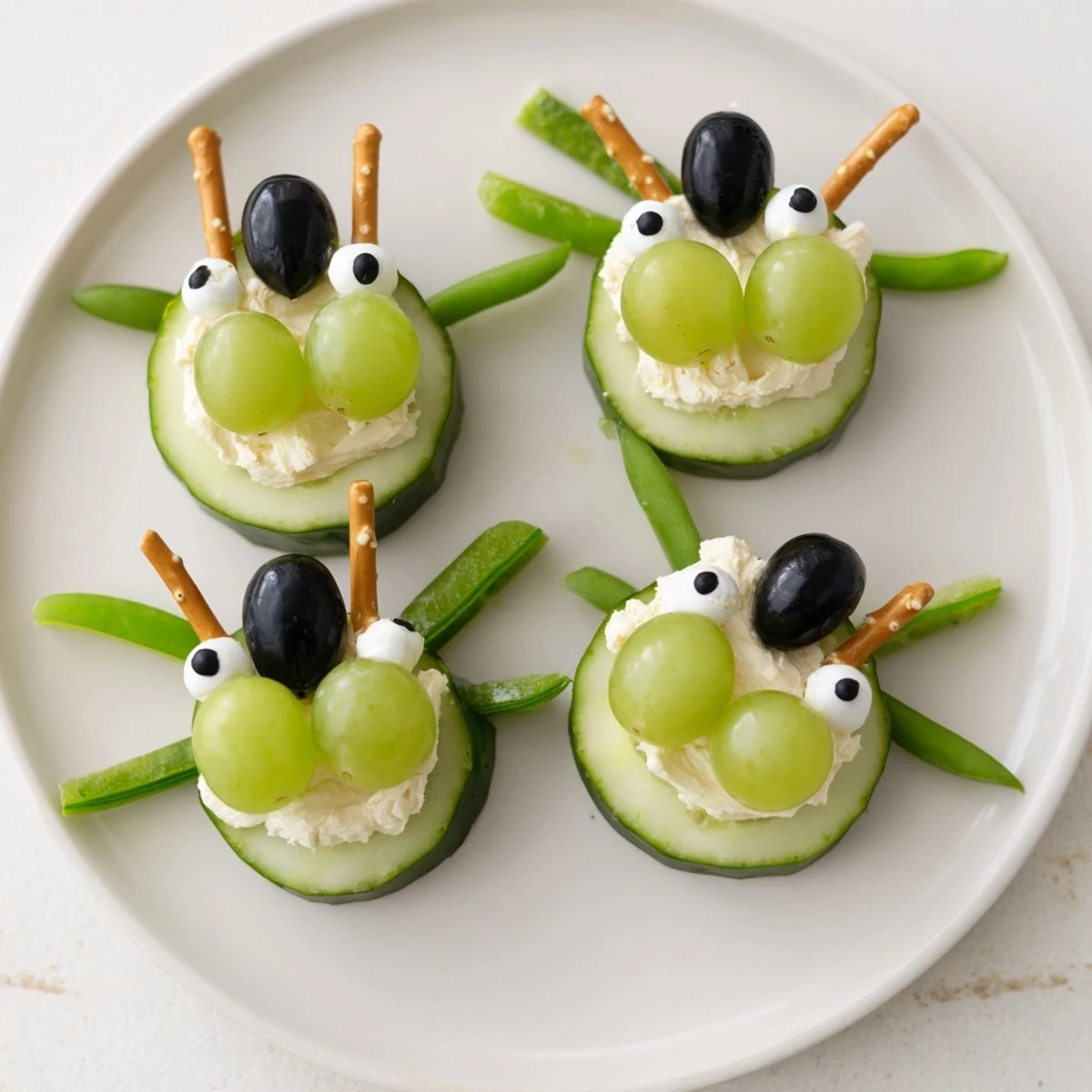 Little Green Men Alien Snack Attack with cucumber faces, grapes, and silly edible eyes.
