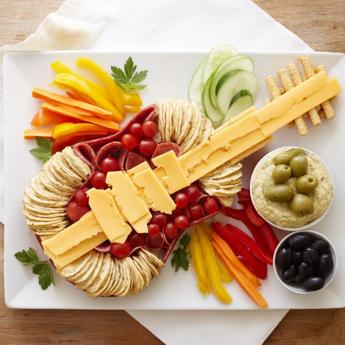 Close-up shot shows a delicious, creative rock star guitar snack platter arrangement, perfect for any fun event.
