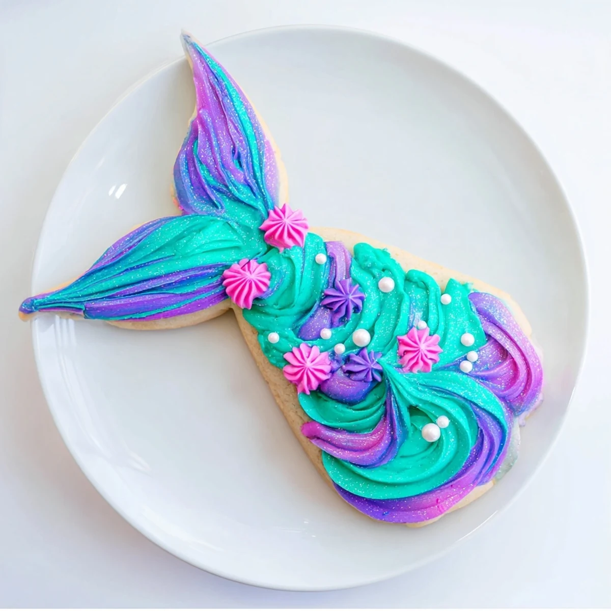 Beautiful, frosted Mermaid Tail Under the Sea Sweets, shimmering with edible glitter and sprinkled with candy pearls.