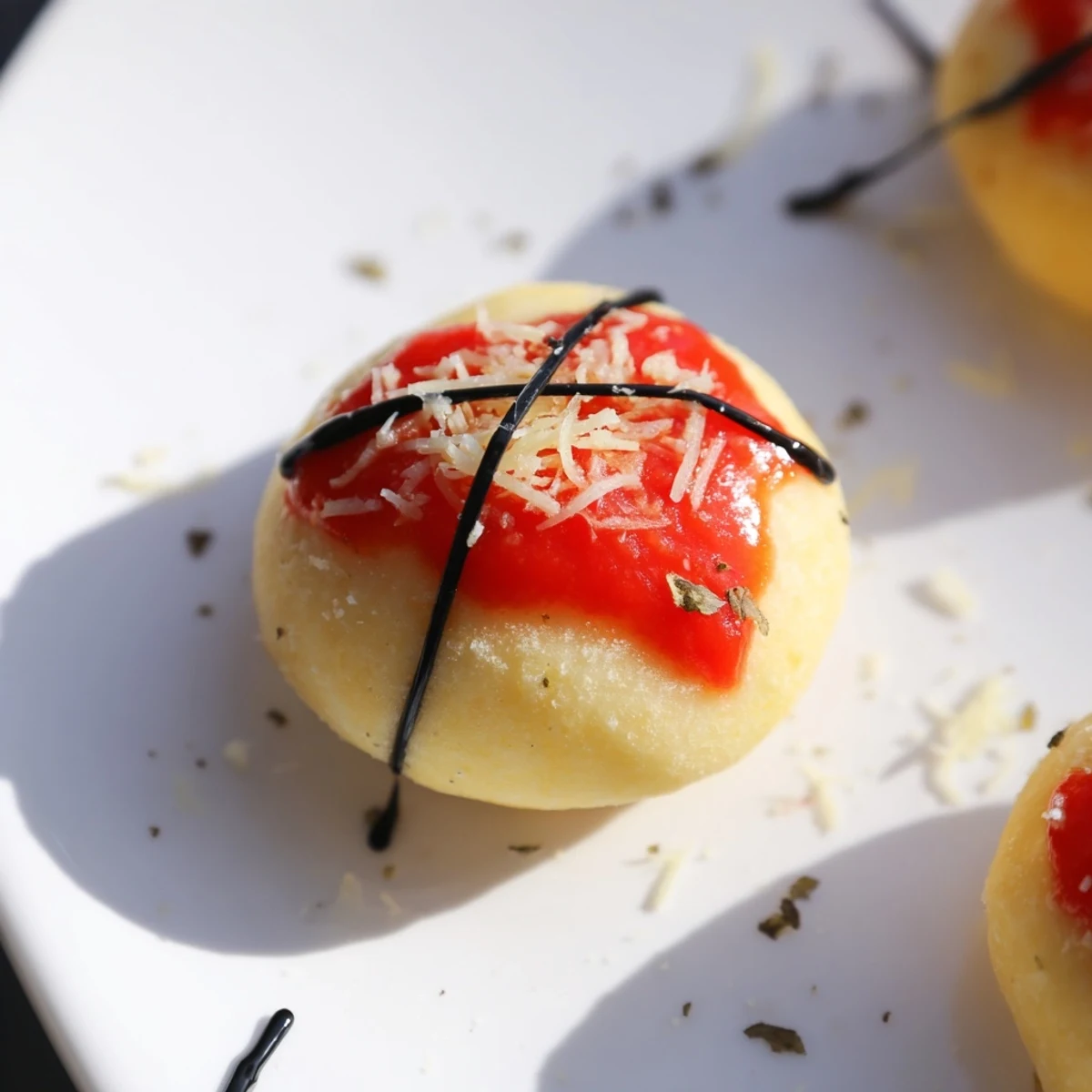 Warm, golden Slam Dunk Basketball Pizza Bites, ready to enjoy with a side of pizza sauce.