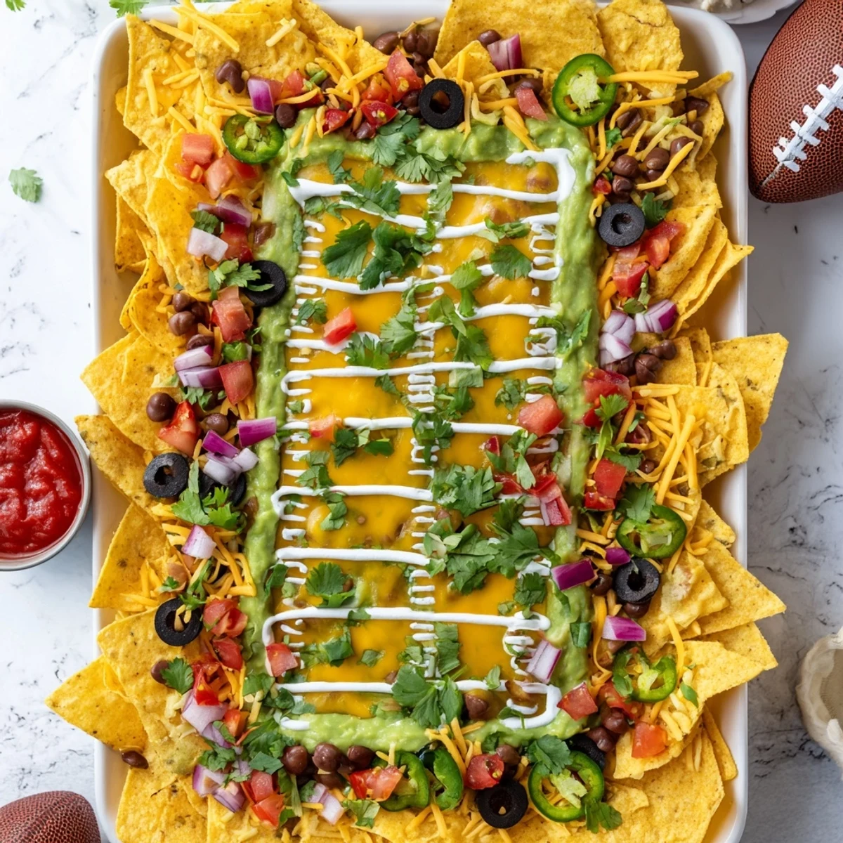 A sizzling football field nacho platter, loaded with melted cheese and fresh toppings, ready to enjoy.