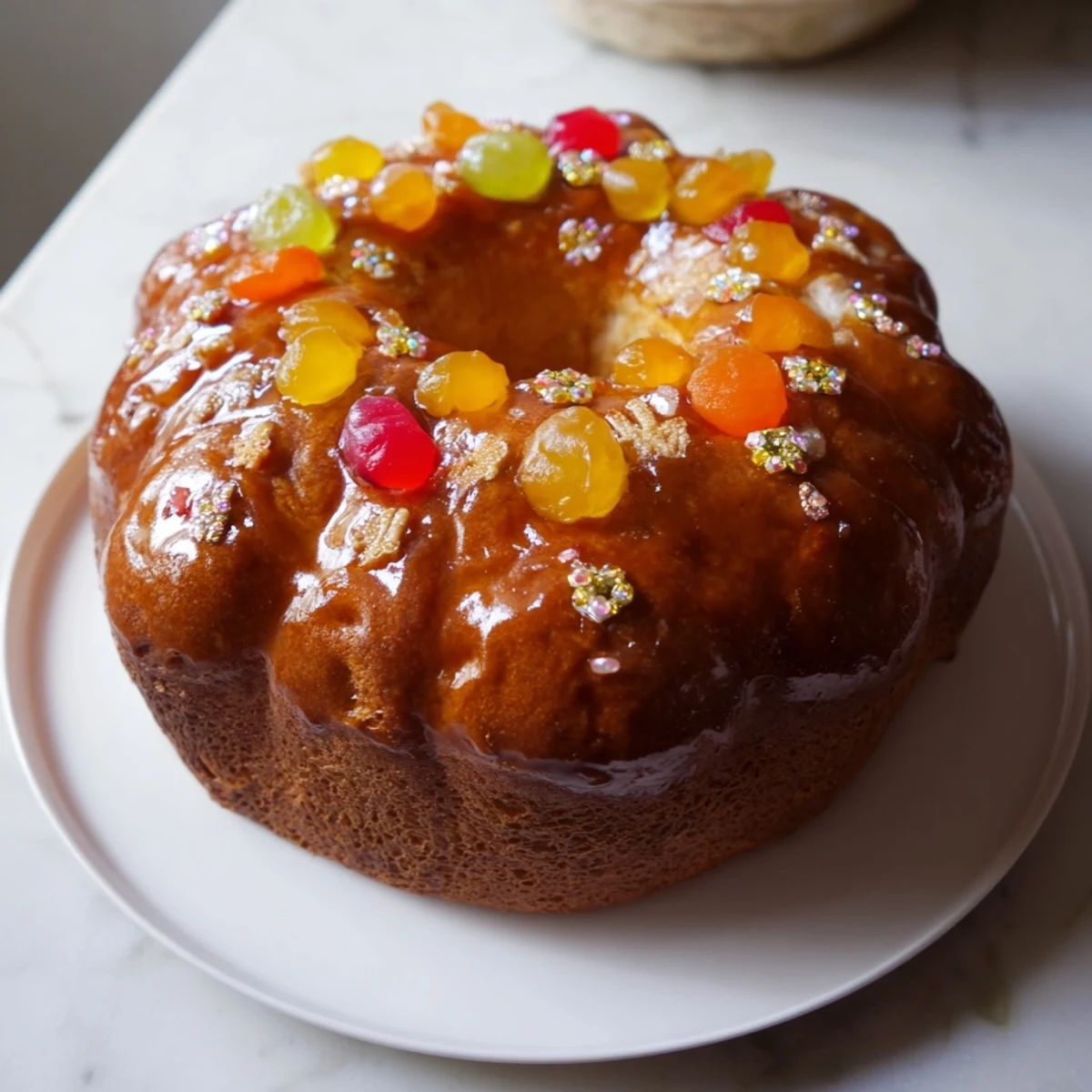 Beautifully decorated Couronne de Roi Bijoux Sucrés, a golden crown bread bursting with candied fruit jewels.