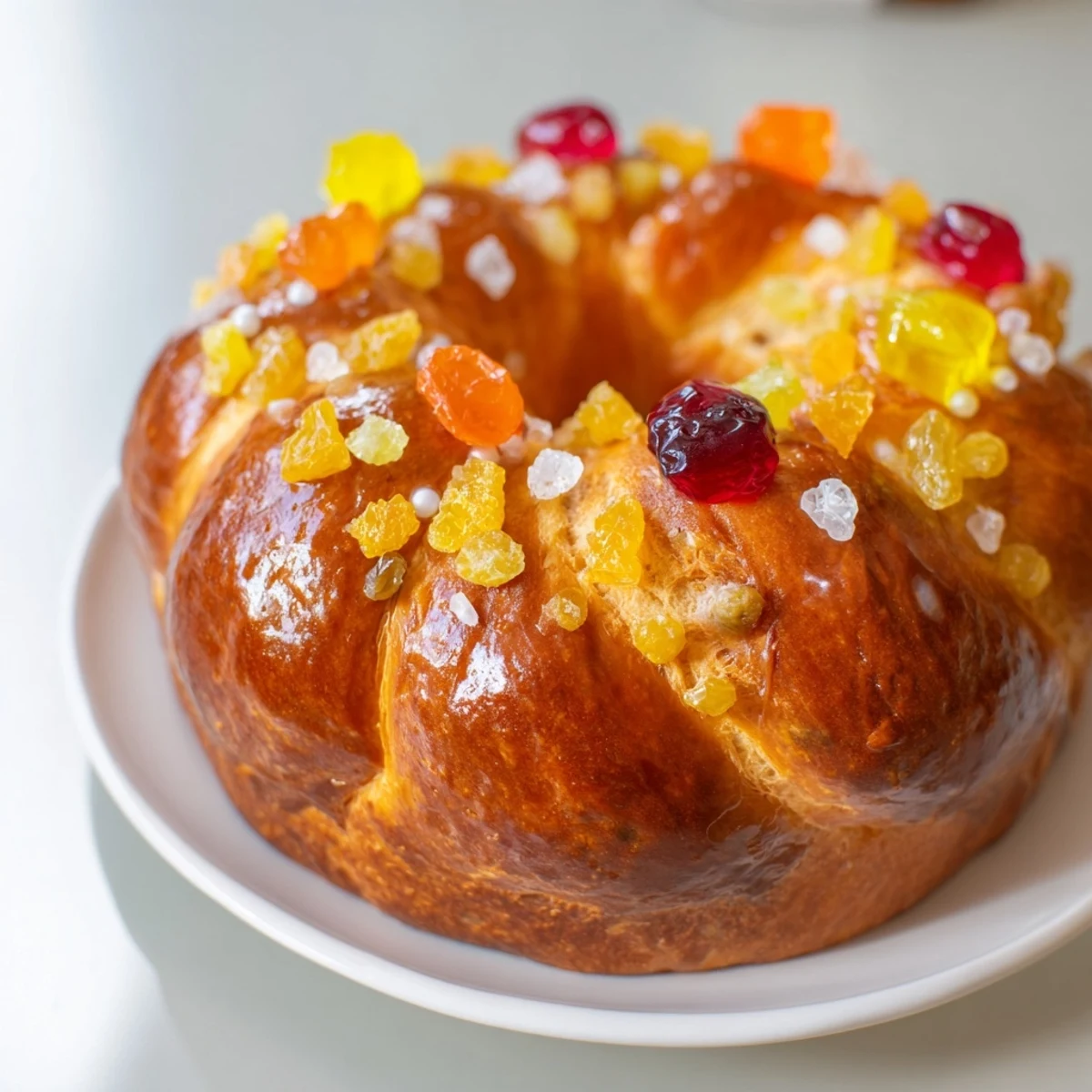 Close-up of a warm, glistening Couronne de Roi Bijoux Sucrés, topped with vibrant candied fruits and sparkling sugar.