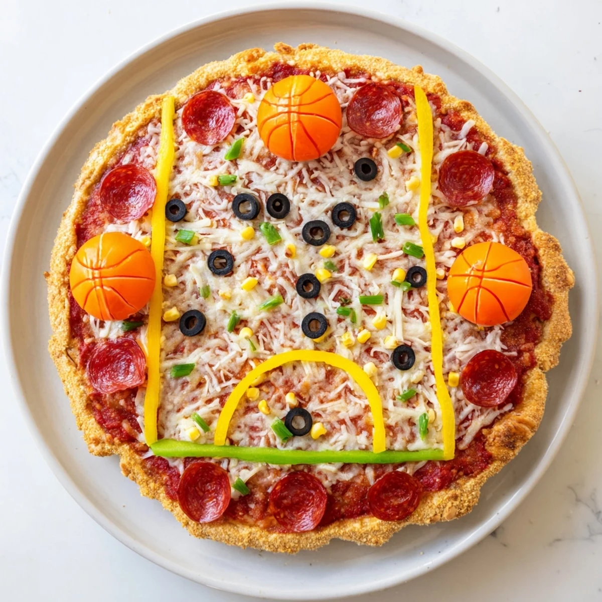 Freshly baked Basketball Court Pizza with pepperoni "basketballs" and colorful bell pepper lines.