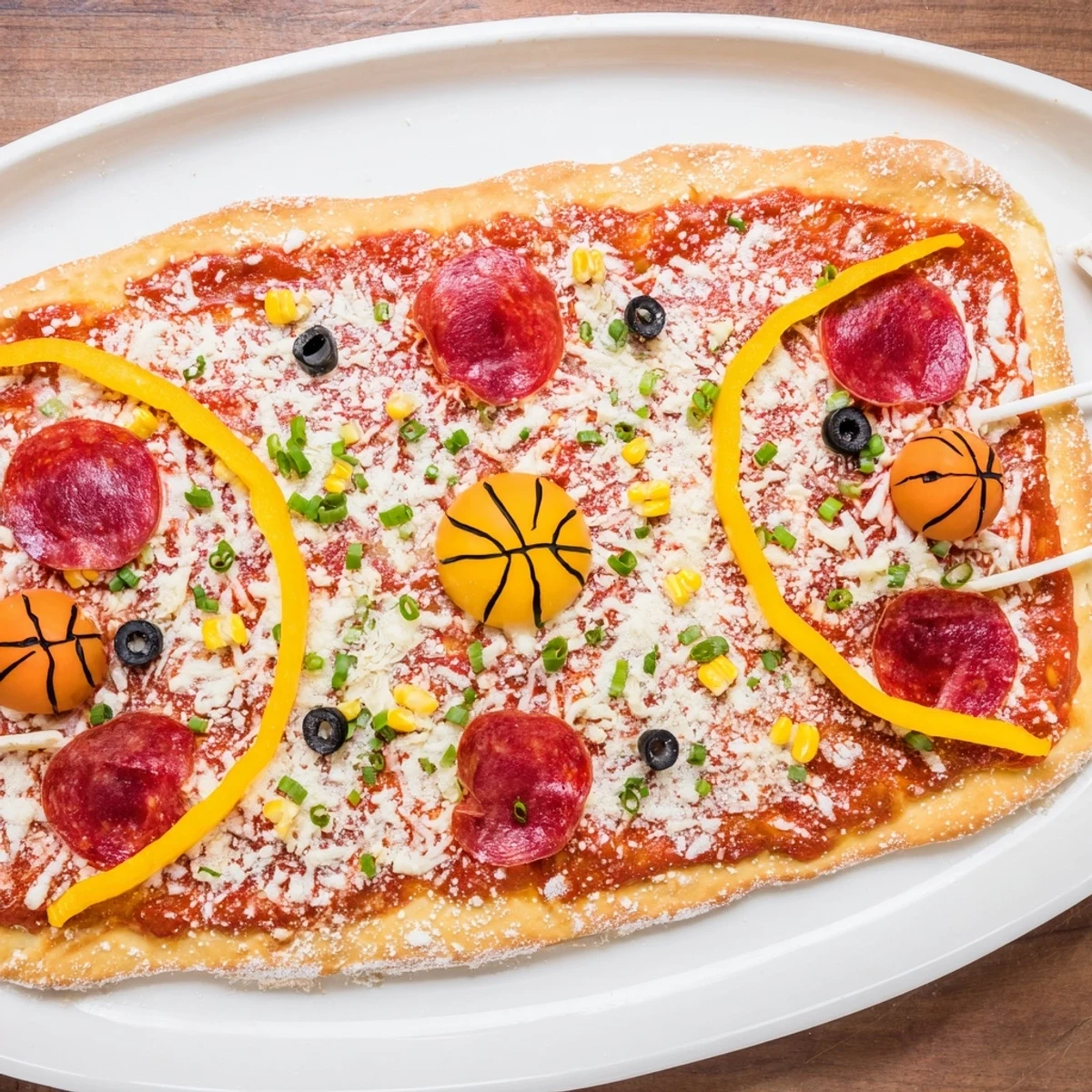 A close-up of a Basketball Court Pizza, with melted cheese and olives for free throws.