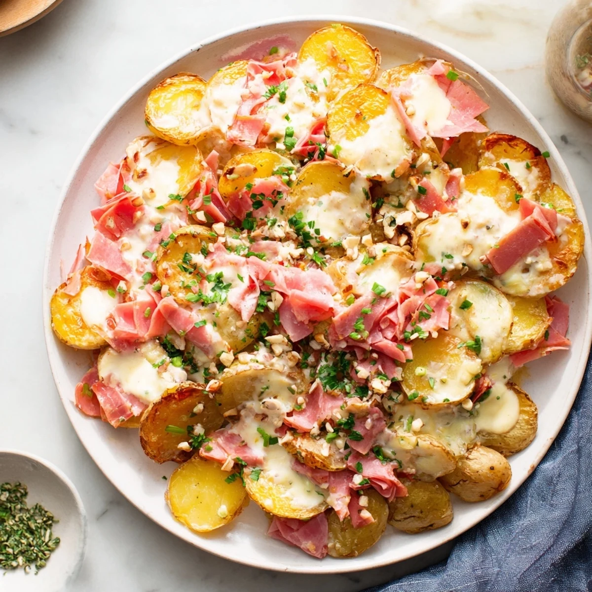 Savory diced ham and Gruyère cheese top the delicious Plateau Moufle Chaud et Confortable dish.