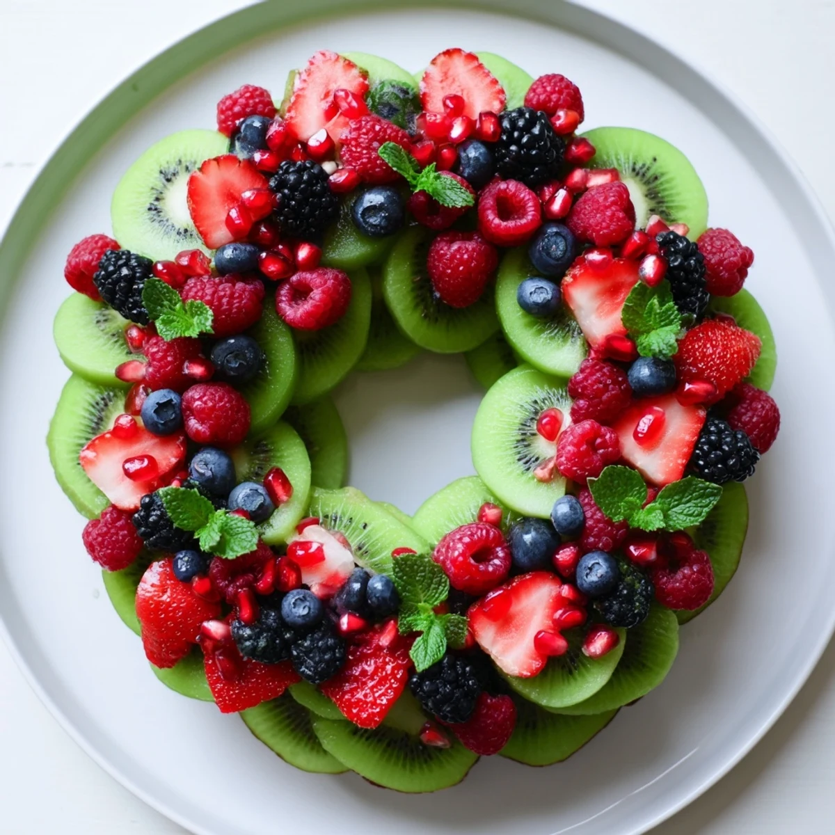 Kiwi and berry holiday wreath: A colorful, juicy fruit platter perfect for a Christmas or holiday appetizer.