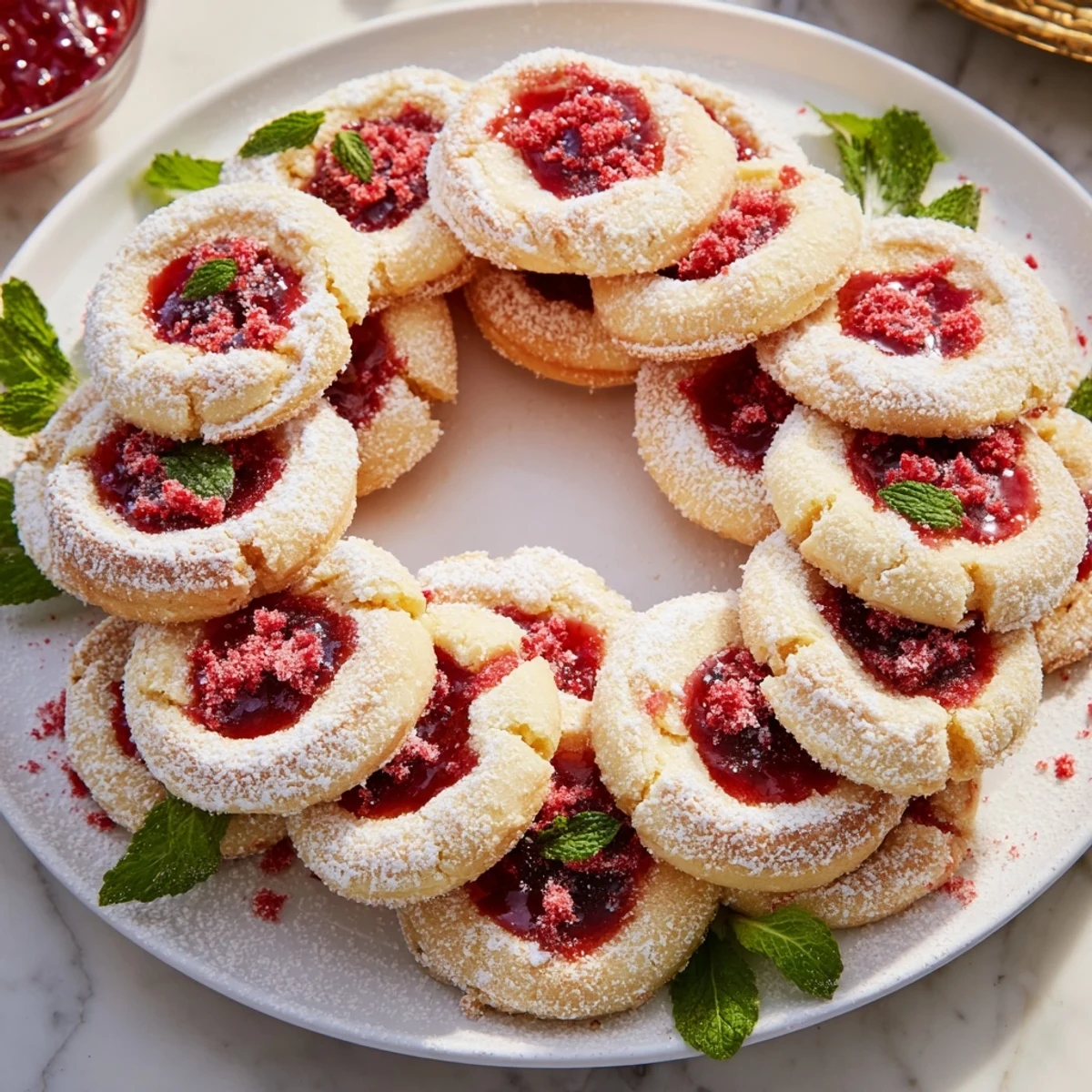 The image highlights the beautifully assembled Sweet Raspberry Wreath cookie platter, perfect for a holiday treat.