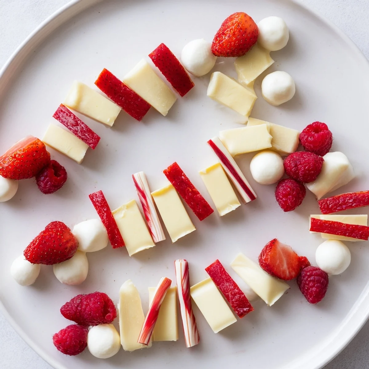 Delicious Festive Red and White Candy Cane Snack Board, filled with sweet and savory treats, ready to be enjoyed.