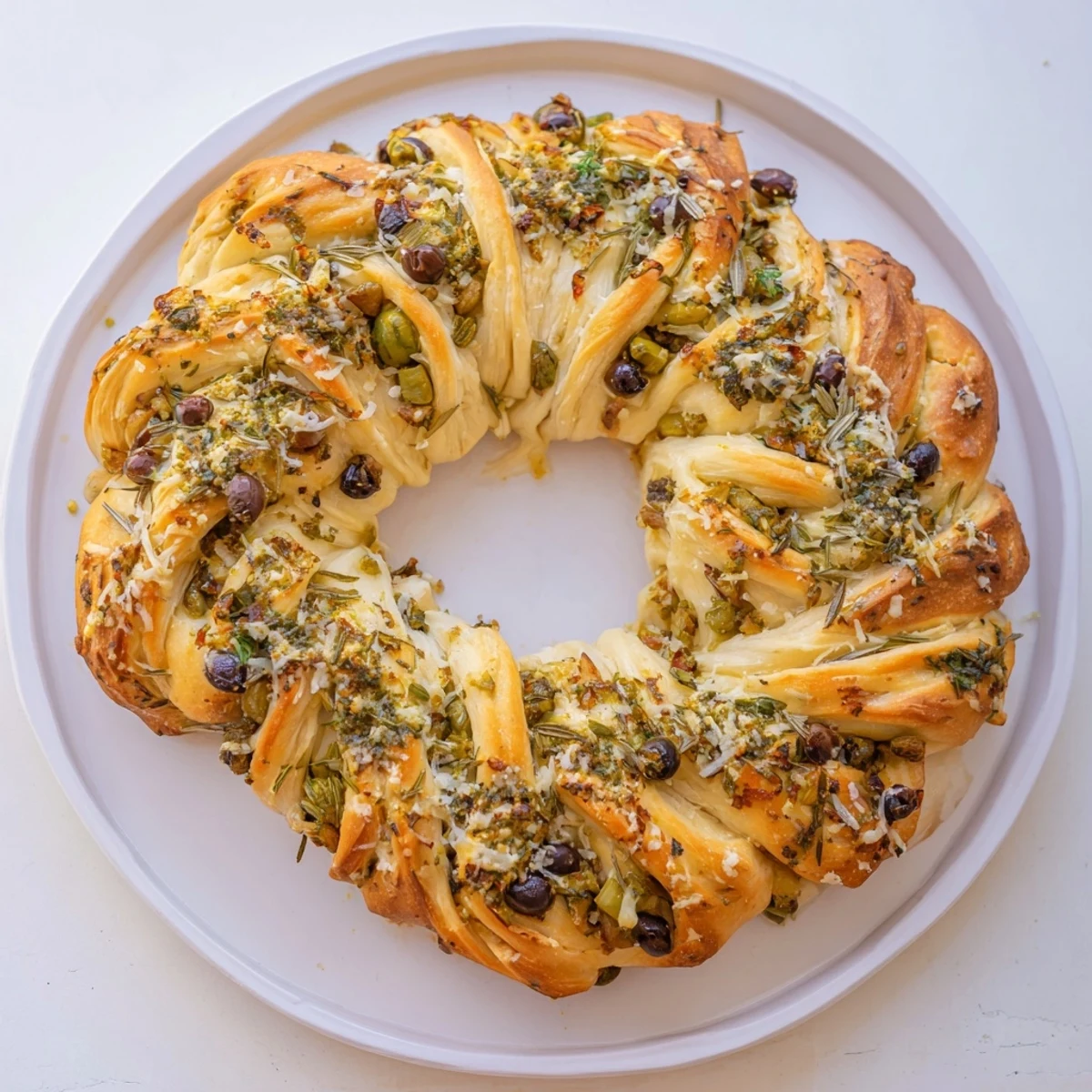 Golden-brown Savory Herb and Cheese Olive Wreath, ready to serve warm from the oven for a holiday appetizer.
