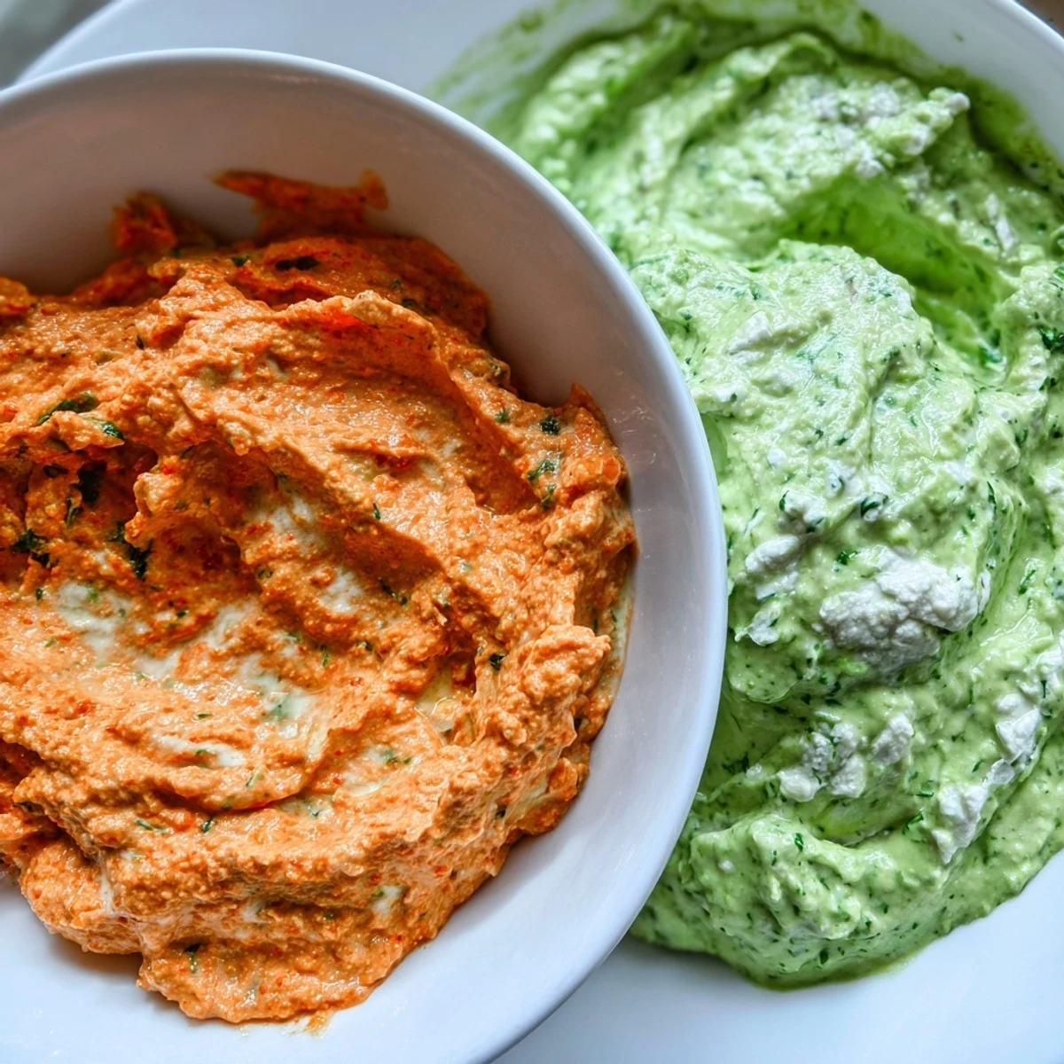 Festive Dip Duo Board with a creamy red pepper dip and vibrant green goddess dip ready to serve.