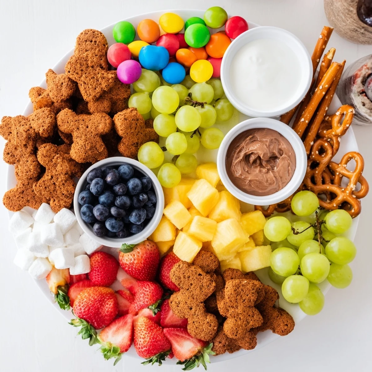 A vibrant Animal Cracker Safari Board showing playful crackers arranged with fresh fruit and creamy sauces.