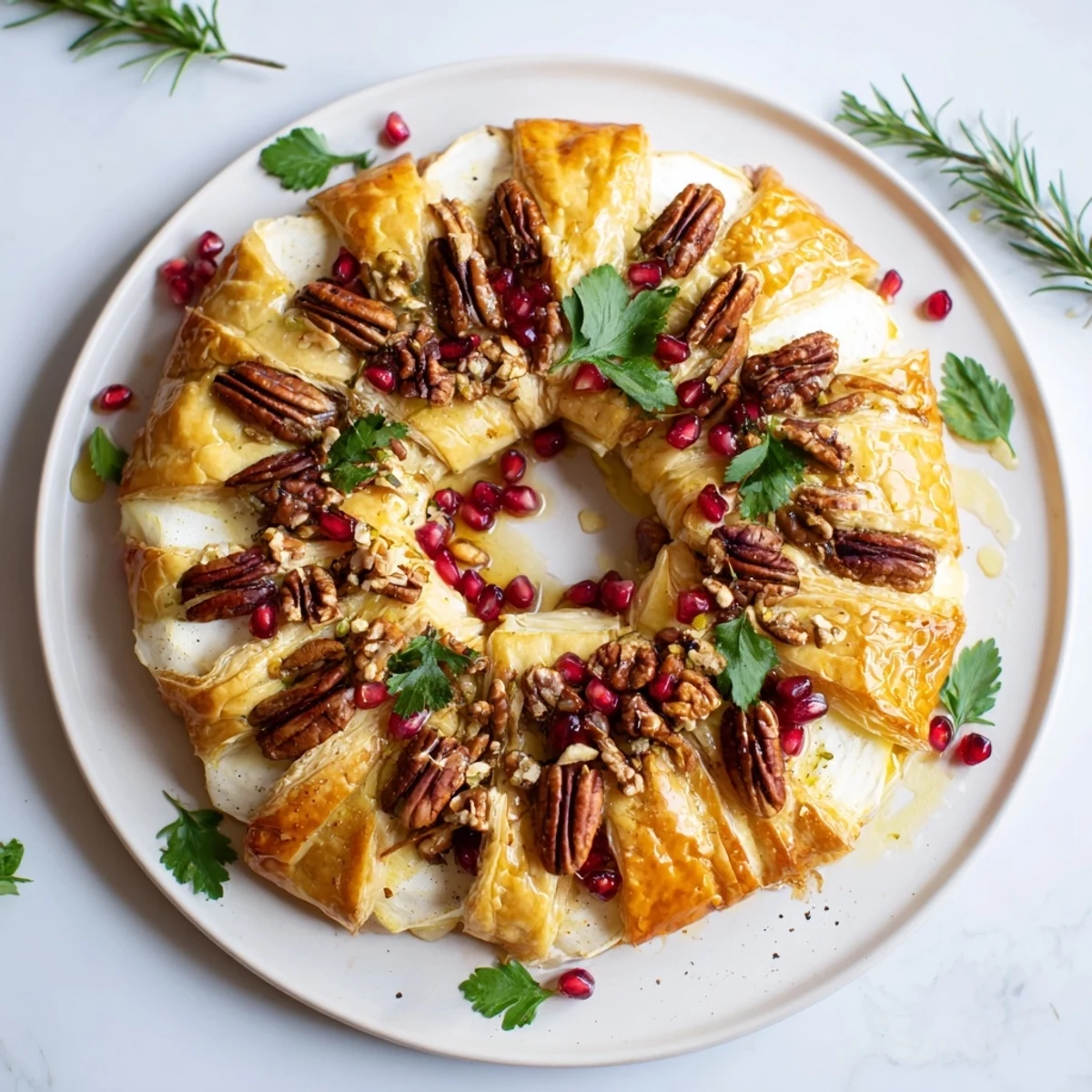 Festive baked Pomegranate and Brie Wreath, showcasing creamy cheese and bright, juicy pomegranate seeds.
