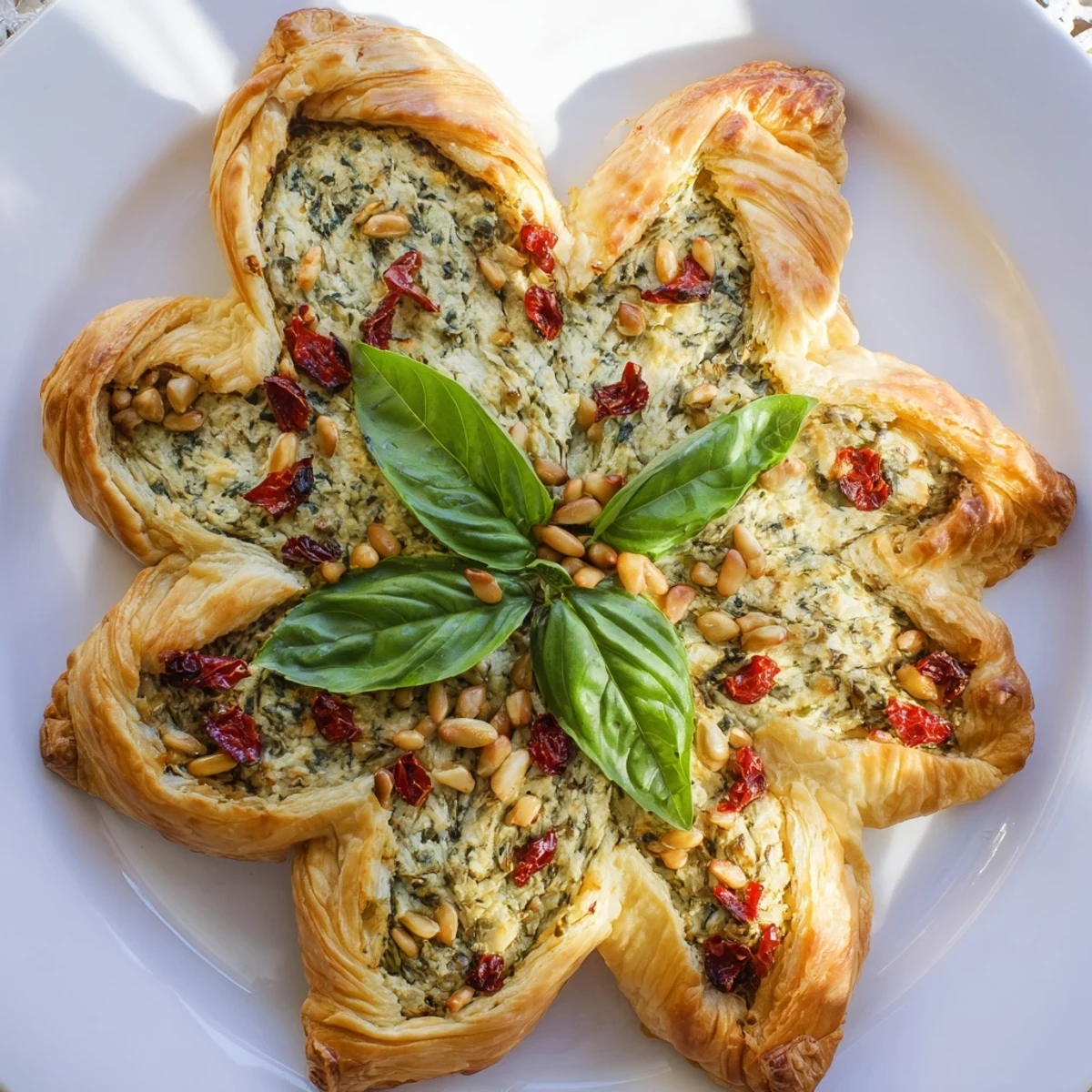 Golden-brown Poinsettia Puff Pastry Appetizer, a savory wreath filled with creamy herb cheese.
