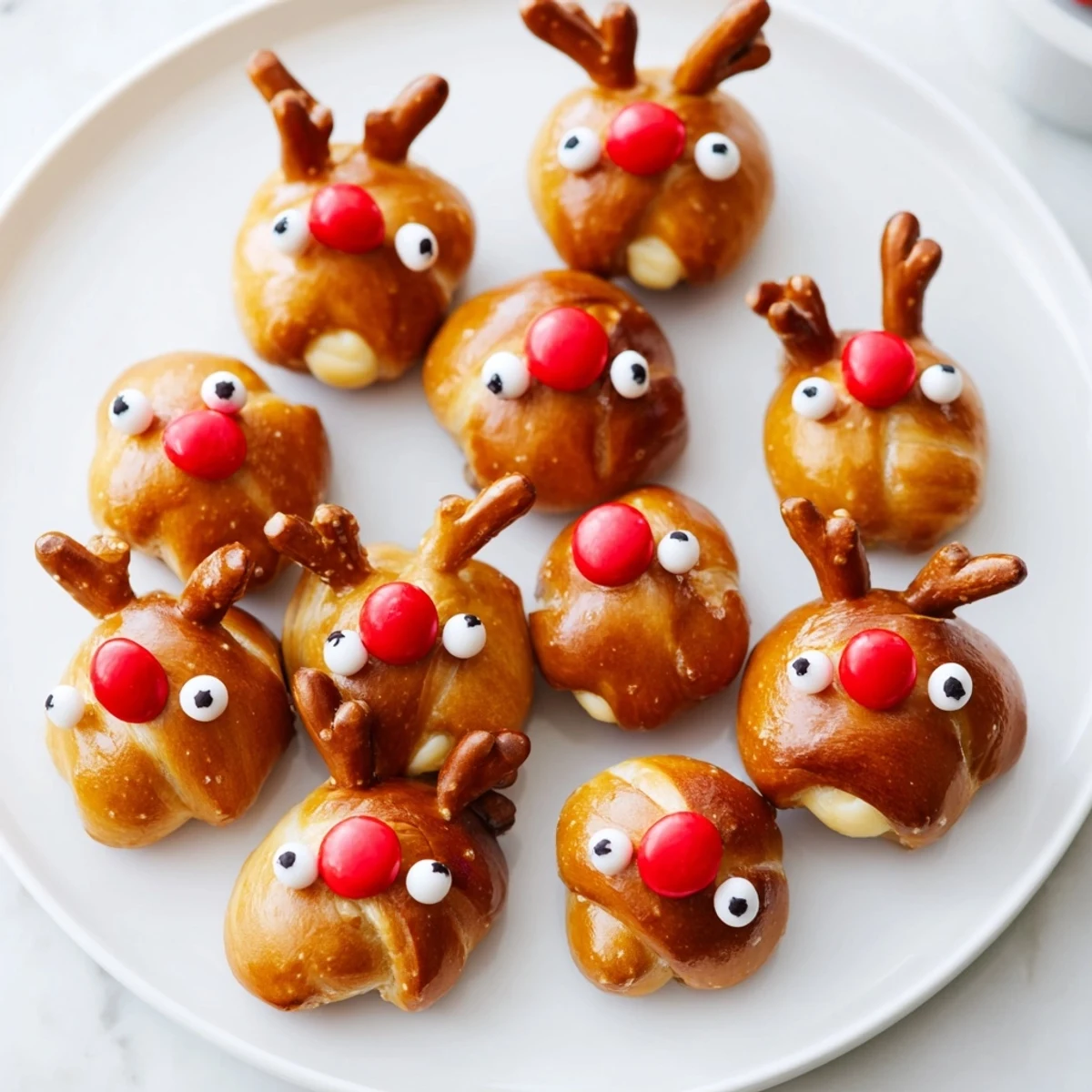Rudolfs Red Nose Pretzel Bites: Warm, golden pretzel bites topped with a festive red candy nose and chocolate eyes.