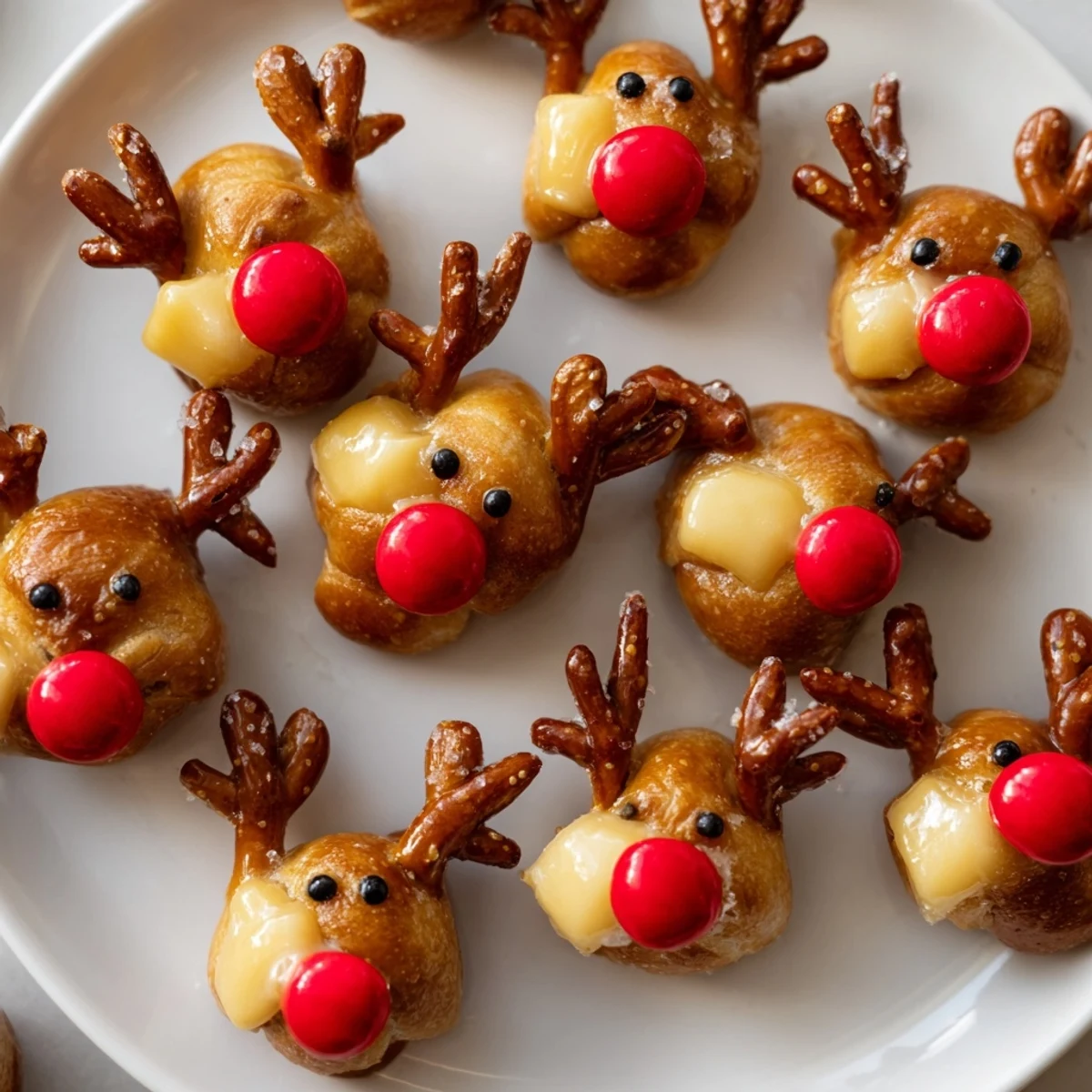 These savory Rudolfs Red Nose Pretzel Bites feature melty cheese inside and pretzel antlers for all the flavor.