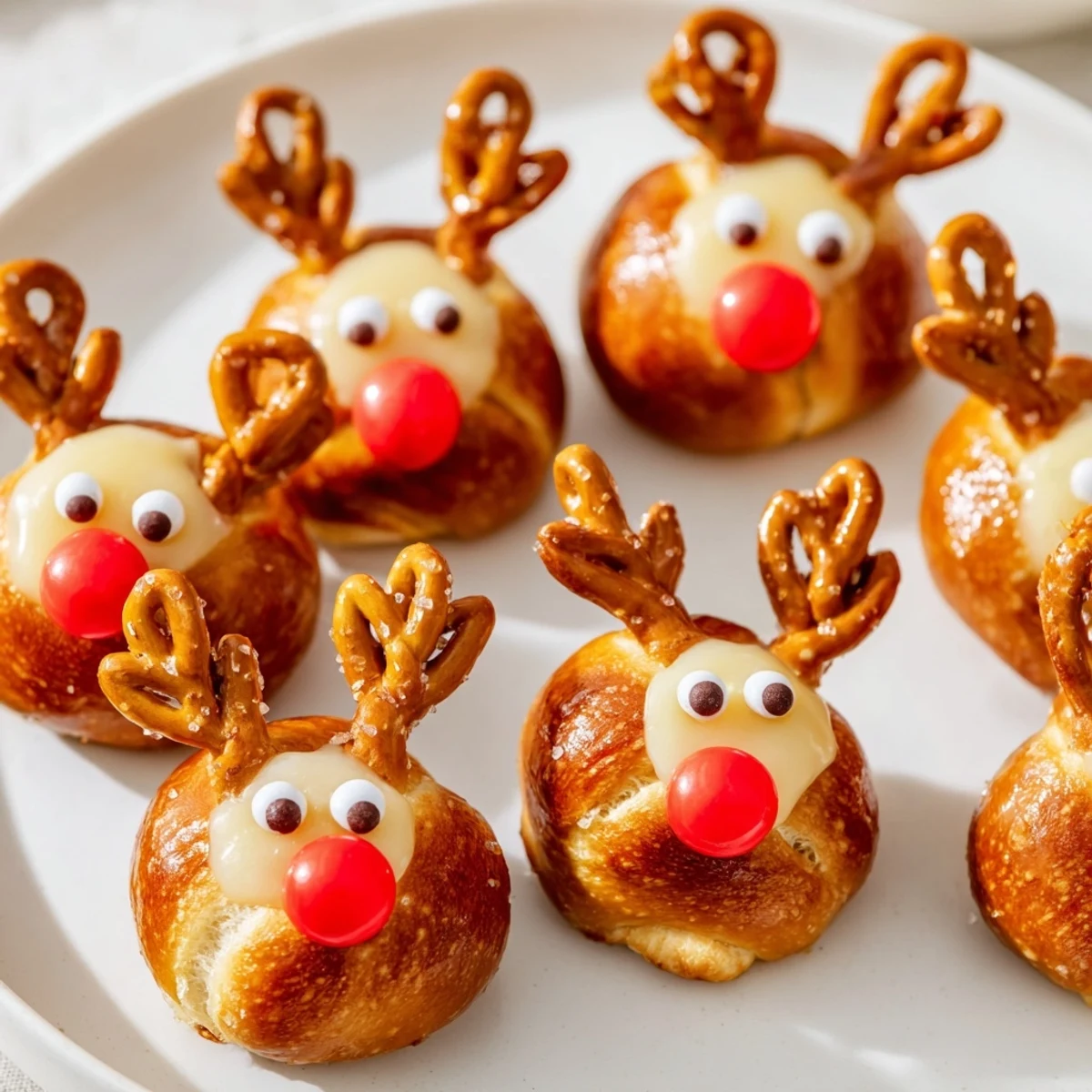 A close-up view of freshly baked Rudolfs Red Nose Pretzel Bites ready to serve as a fun holiday snack.