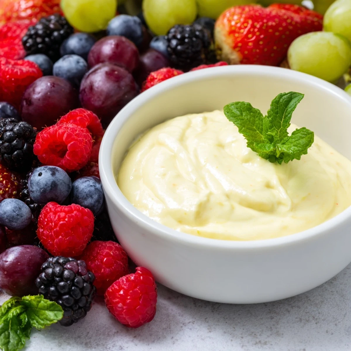 This Mistletoe Kiss Berry Dip Board showcases a luscious, creamy dip surrounded by bright, juicy fruits.