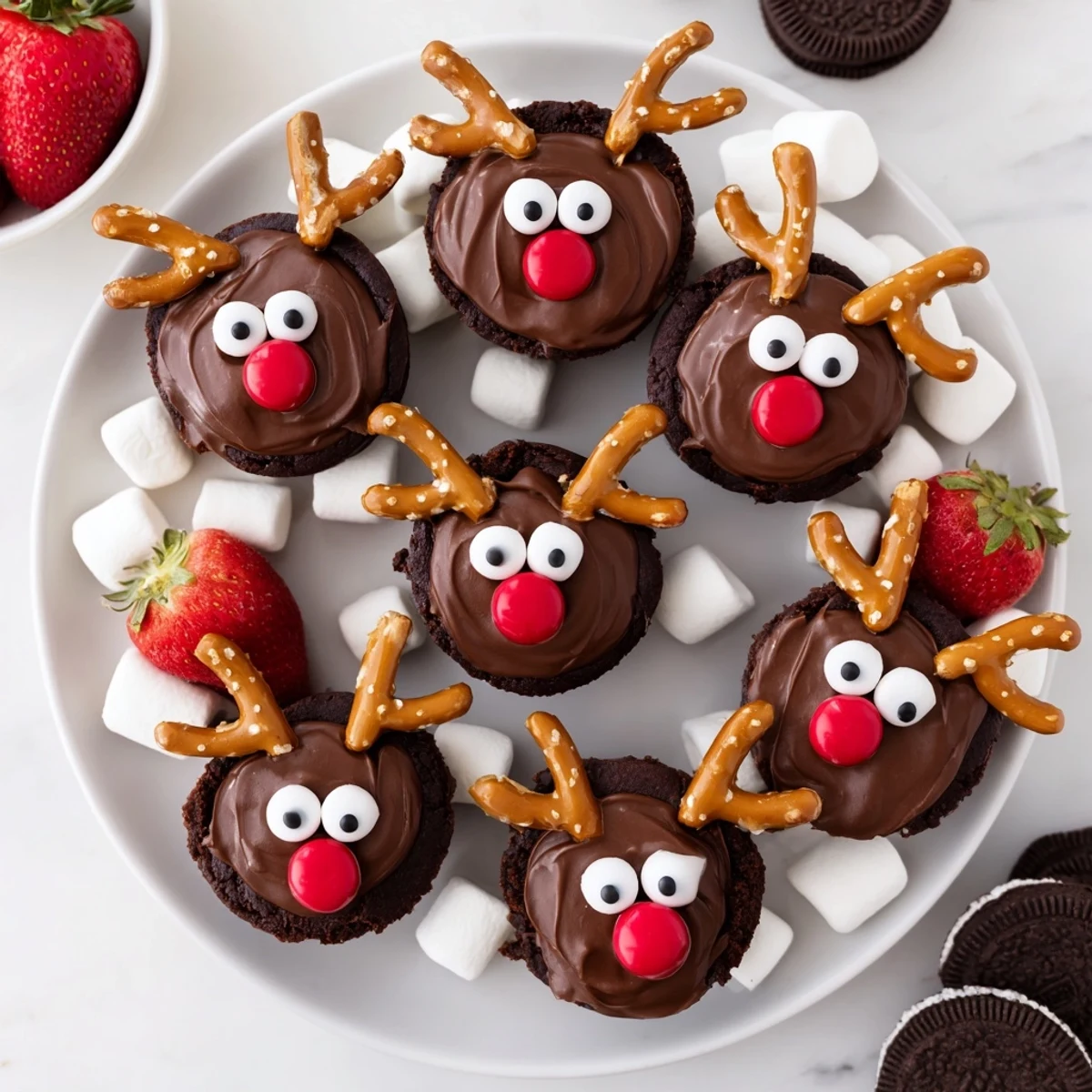 Festive chocolate reindeer pudding cups on a dessert board offer a sweet, chocolatey holiday treat.