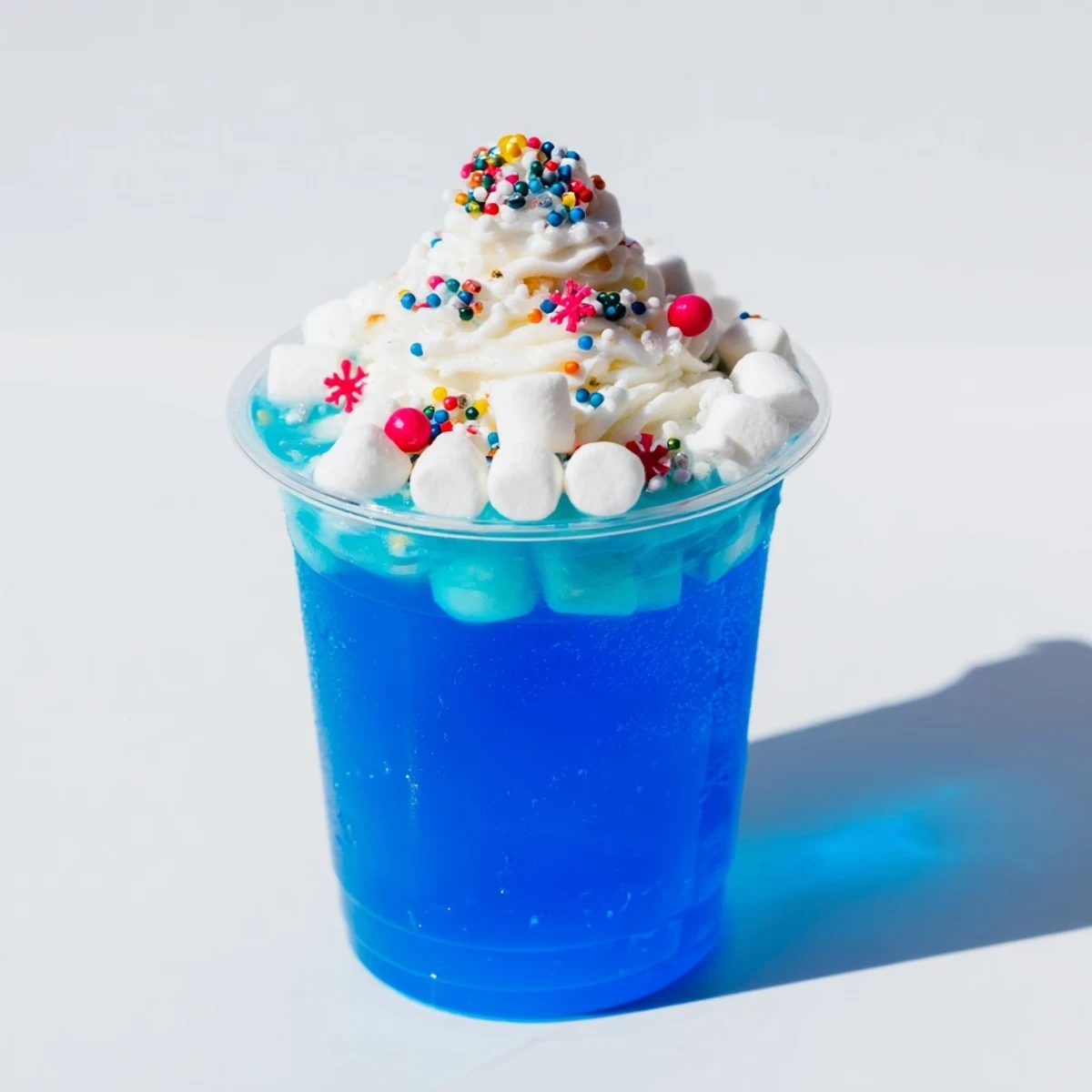 Festive snow globe Jello cups, chilled and ready, showcasing colorful layers and whimsical shapes.