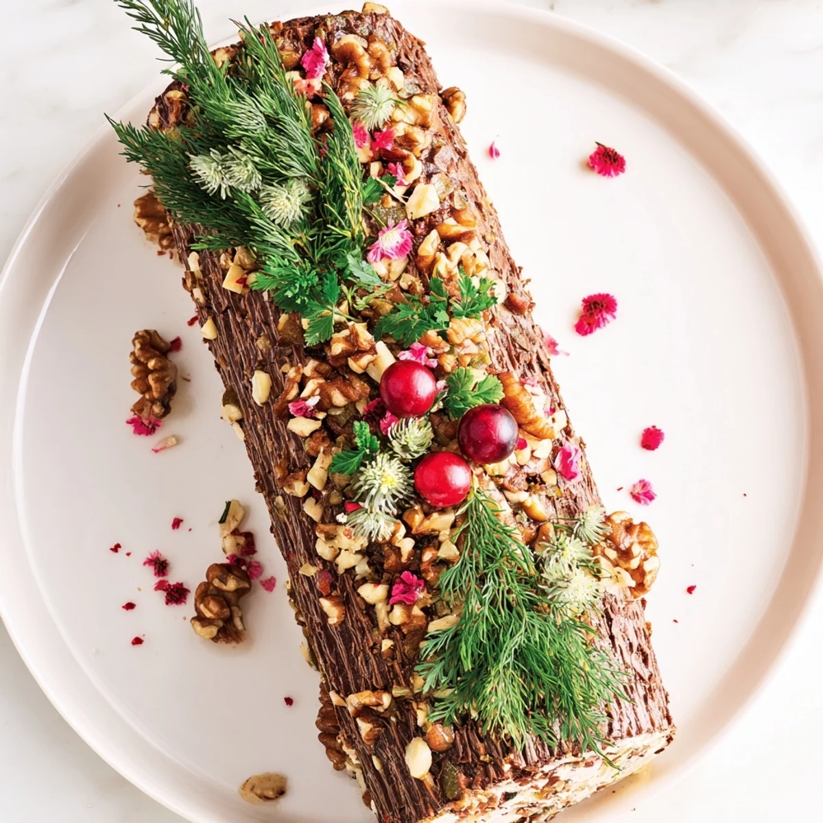 Festive Yuletide Log Cheese Centerpiece, a holiday appetizer rolled in herbs and nuts, ready to serve.
