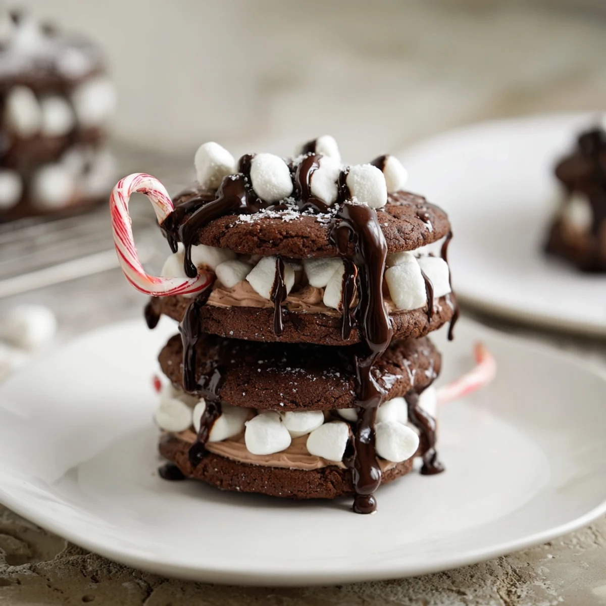 A stack of Hot Cocoa Mug Cookies topped with fluffy marshmallow frosting, ready to enjoy.