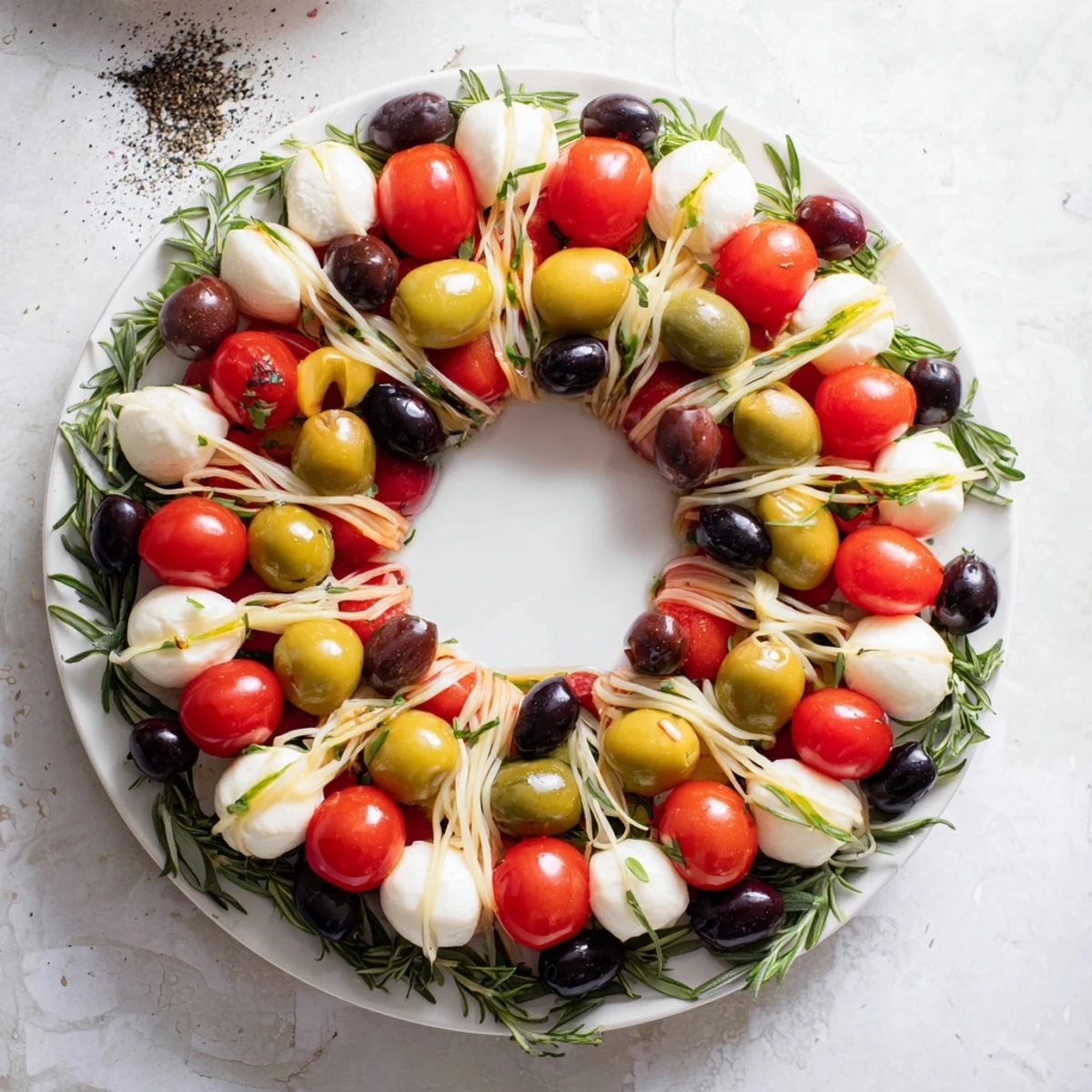 Vibrant Appetizer Wreath arranged with colorful tomatoes and olives, a holiday-perfect ring on a platter.