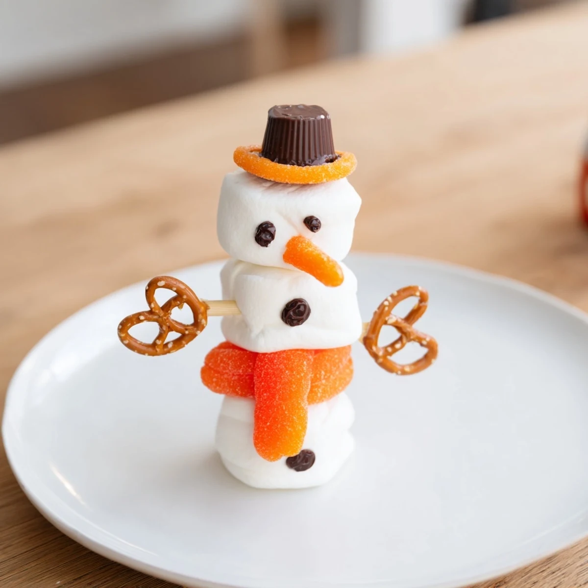Marshmallow snowman stick arrangement, an irresistibly cute winter dessert treat arranged on a plate.