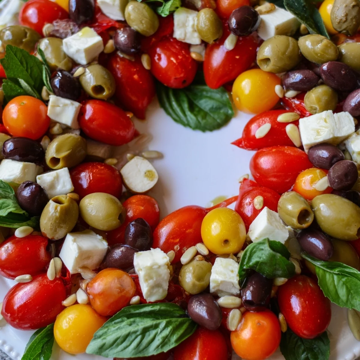 Vibrant Olive and Cherry Tomato Garland Board, ready to be served with crusty bread and olives.