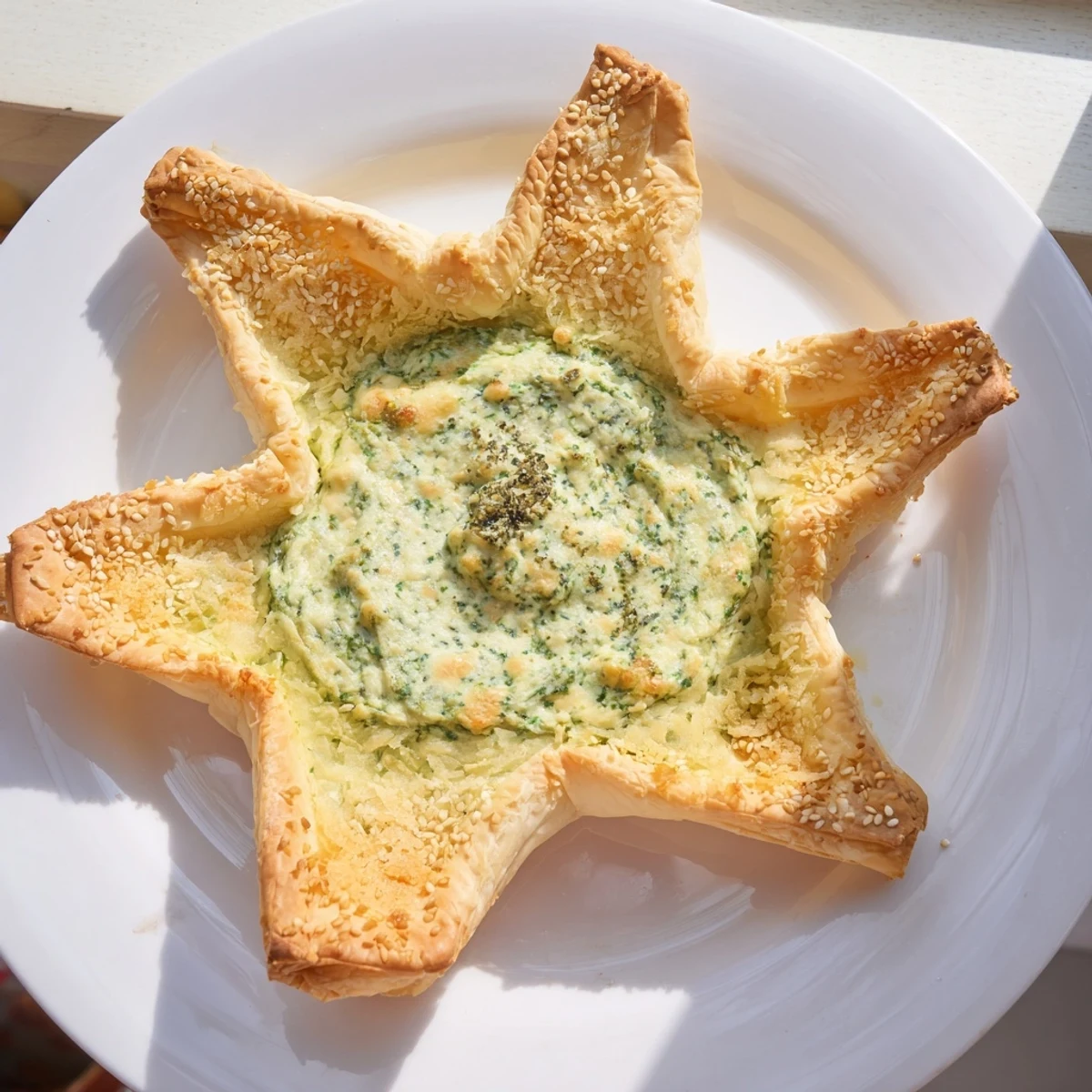 Golden, flaky pastry surrounds creamy green star-shaped pesto dip, perfect for a party appetizer.