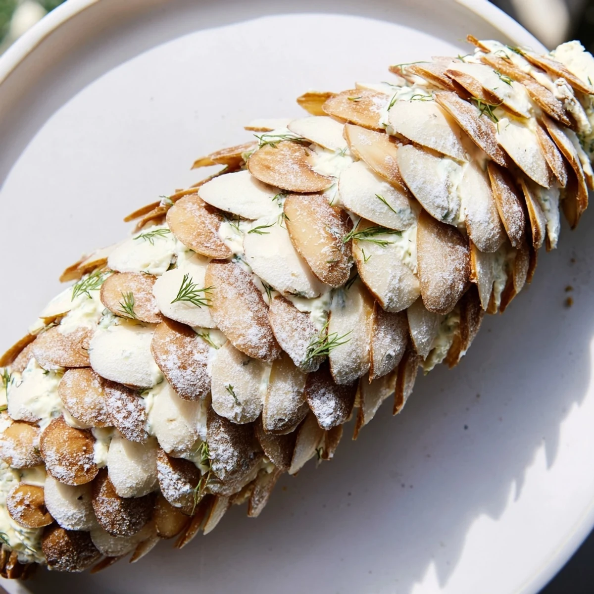 This Snowy Pinecone Centerpiece boasts a creamy cheese base covered by almond slices, dusted with snowy sugar.