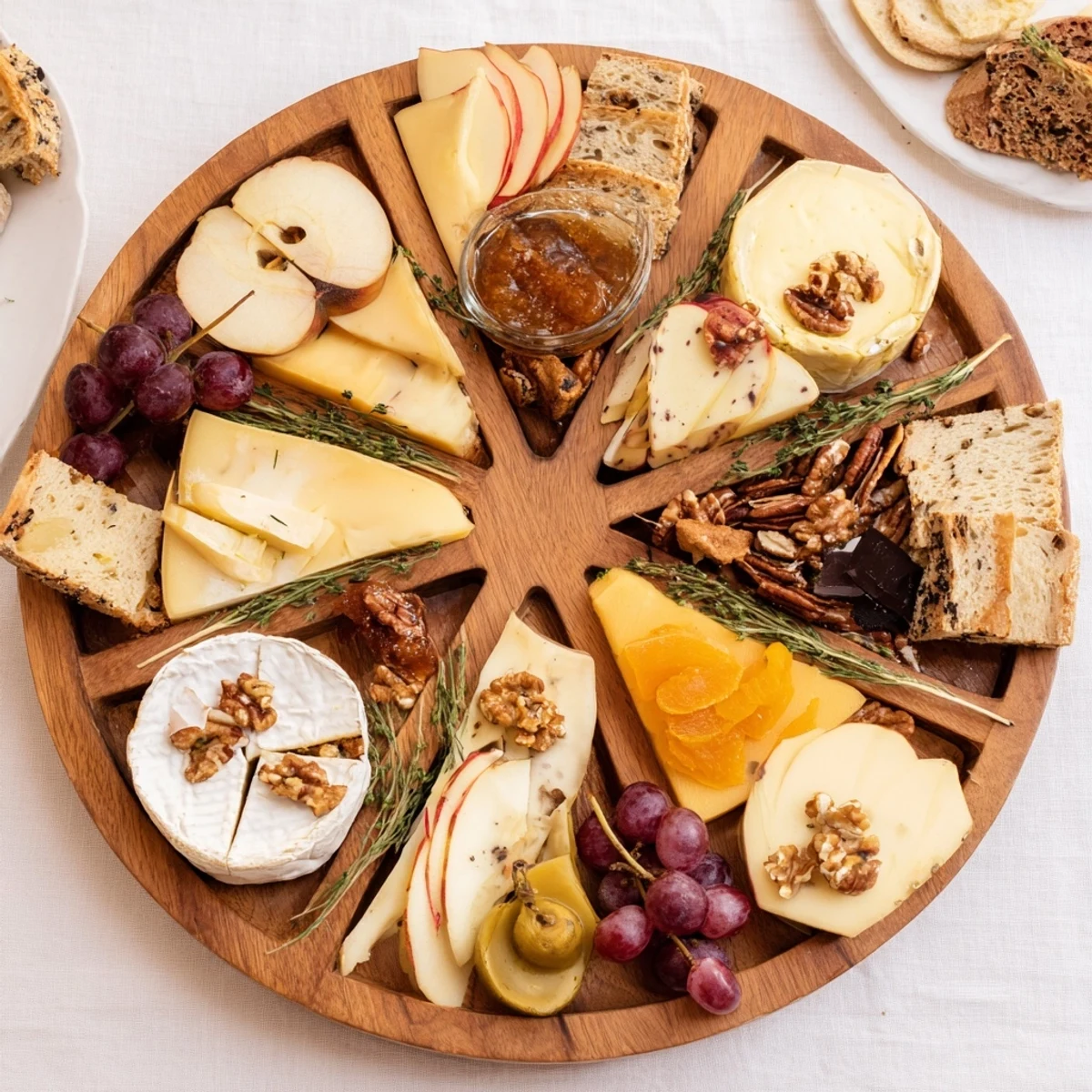 A beautifully arranged Twelve Days of Cheese Board, featuring assorted cheeses and delectable pairings.