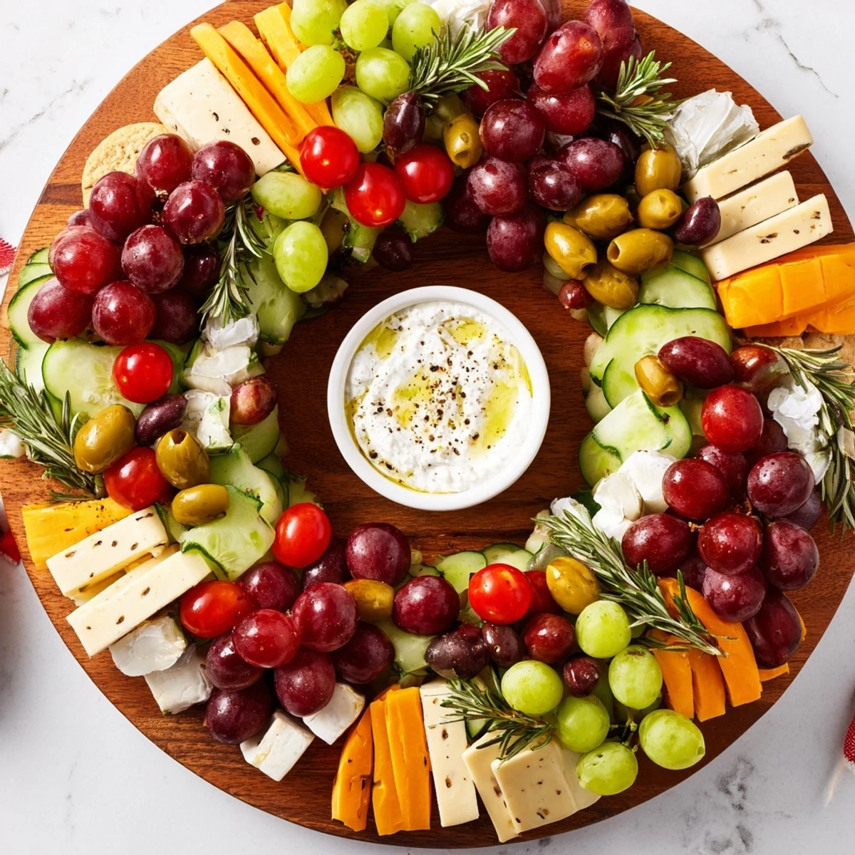 The Evergreen Wreath Board sparkling with vibrant red grapes and ready for a holiday appetizer.