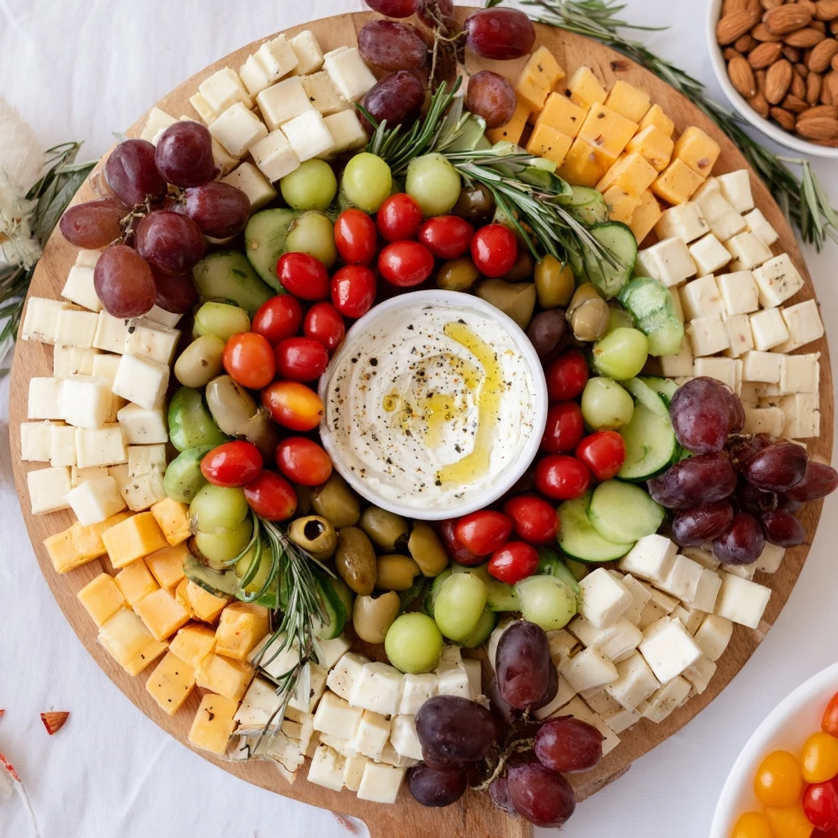 Festive Evergreen Wreath Board boasting creamy cheeses, cured meats, and fresh rosemary sprigs for serving.