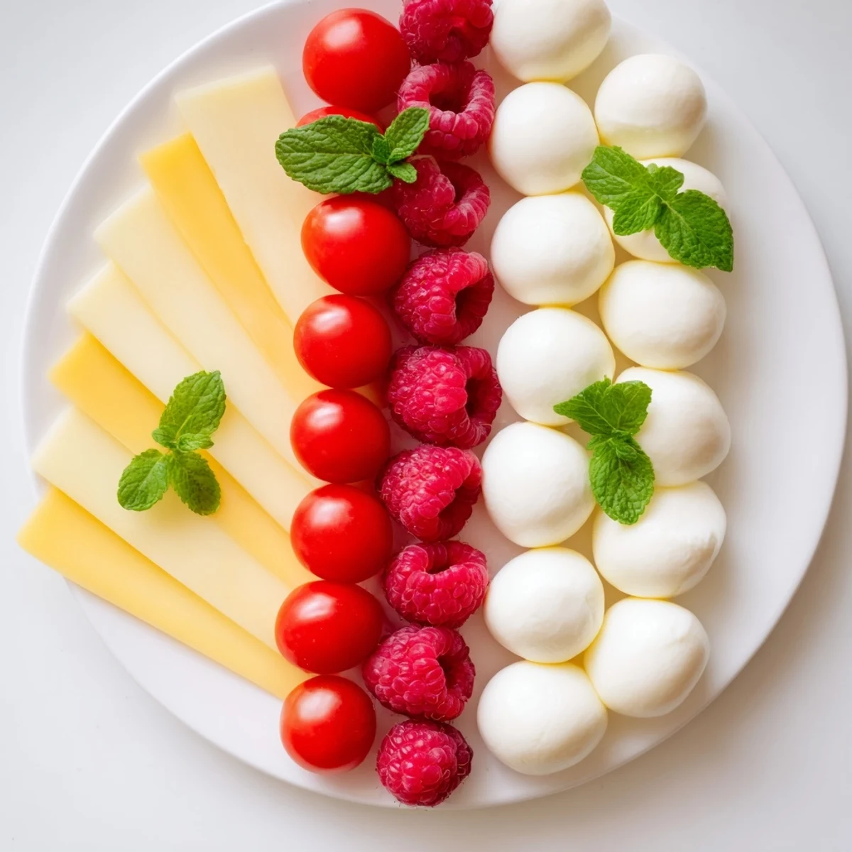 Peppermint Stripe Celebration platter with vibrant red berries and creamy, white cheeses, ready to serve.