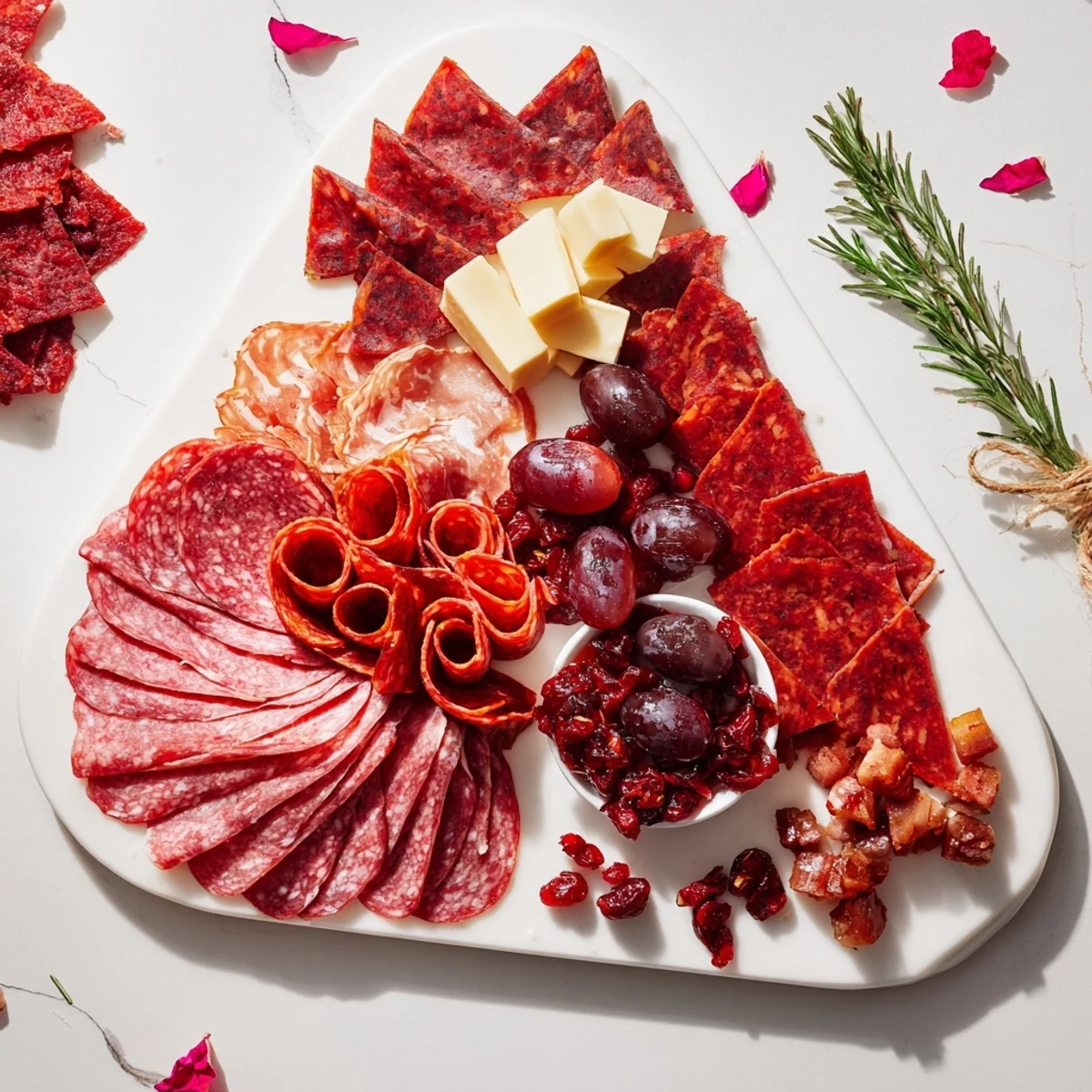 A close-up of The Crimson Crest, a lavish charcuterie board ready for an elegant tasting.