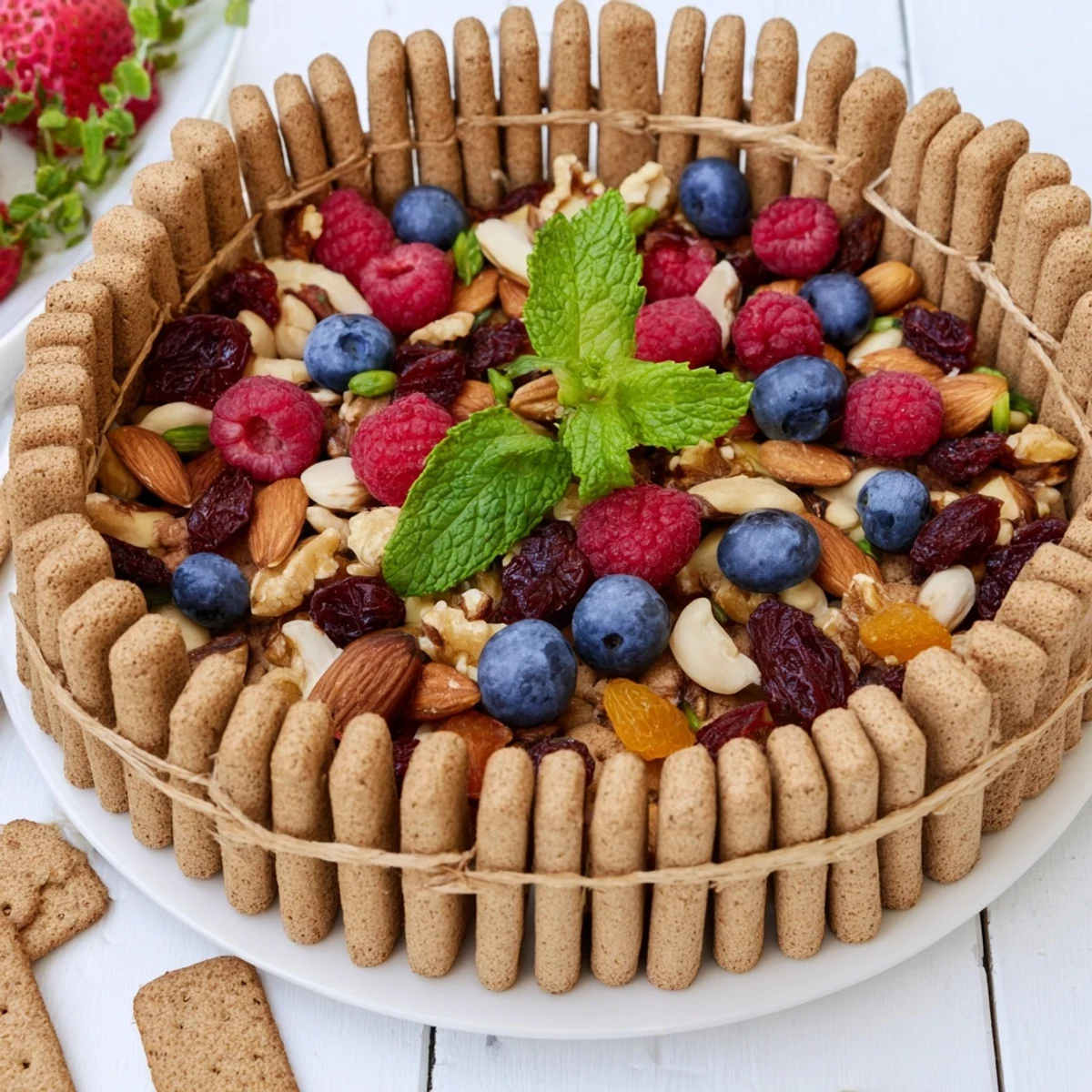 A beautiful The Picket Fence snack platter displaying a colorful mix of nuts and fresh berries.
