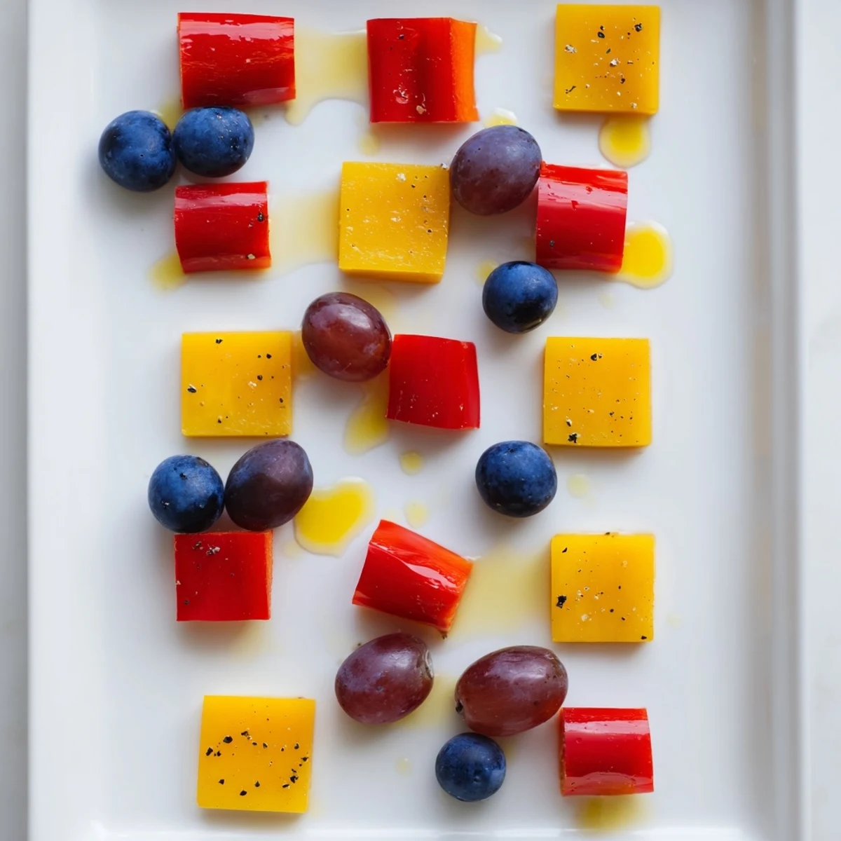 Colorful Bauhaus Block appetizer features a modern geometric design with fresh bell pepper and cheese.
