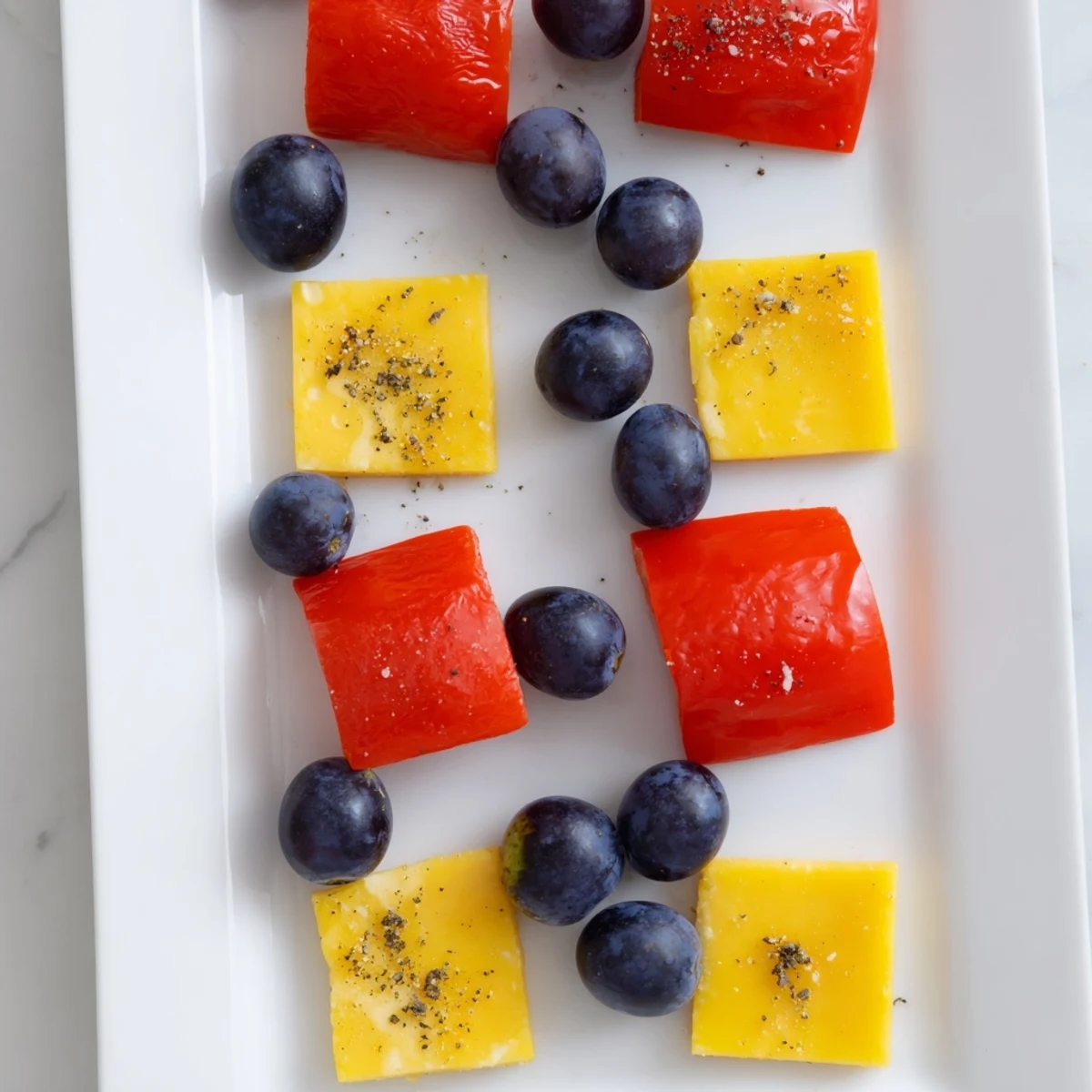 Vibrant Bauhaus Block appetizer shows red pepper, yellow cheese, and plump blue grapes arranged artfully.