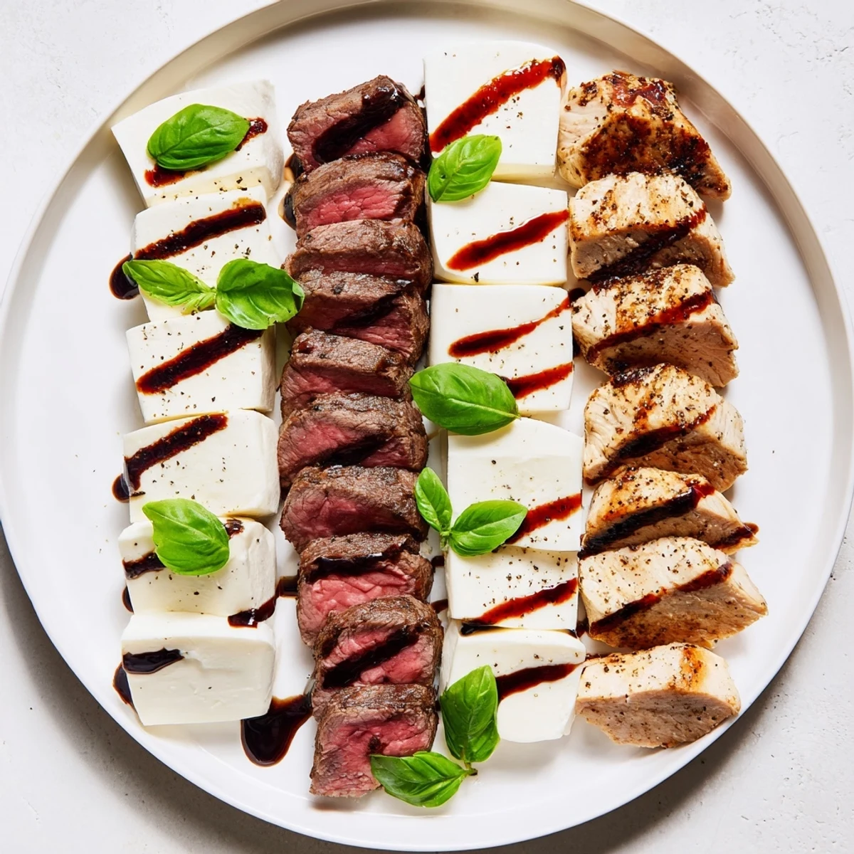 Appetizing Safari Stripes appetizer with alternating savory meat and creamy cheese strips, drizzled balsamic glaze.