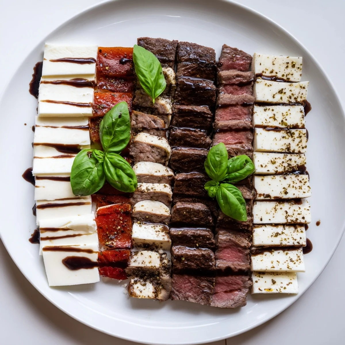 A beautiful view of the Safari Stripes, a visually enticing appetizer with a balsamic glaze drizzle.