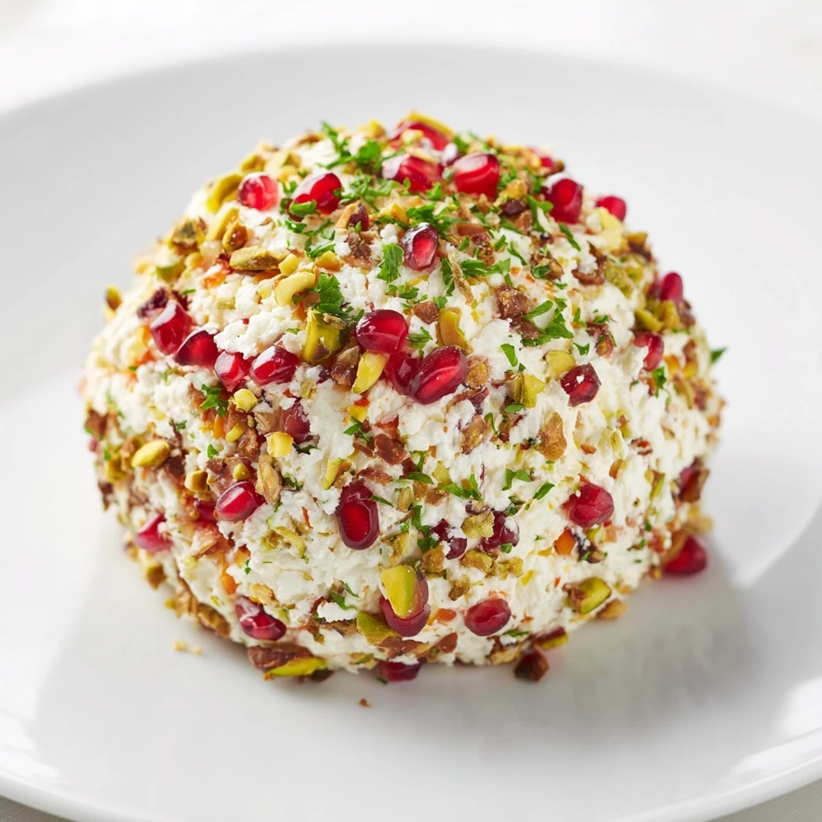 A glittering The Royal Orb cheese ball coated in pistachios and pomegranate seeds on a serving plate.