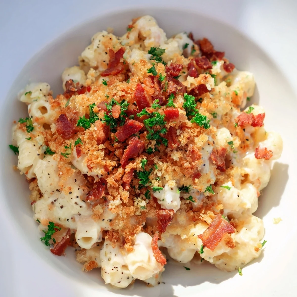 Creamy Tinis Mac and Cheese with Bacon, topped with crispy bacon, a baked golden topping, and fresh parsley.