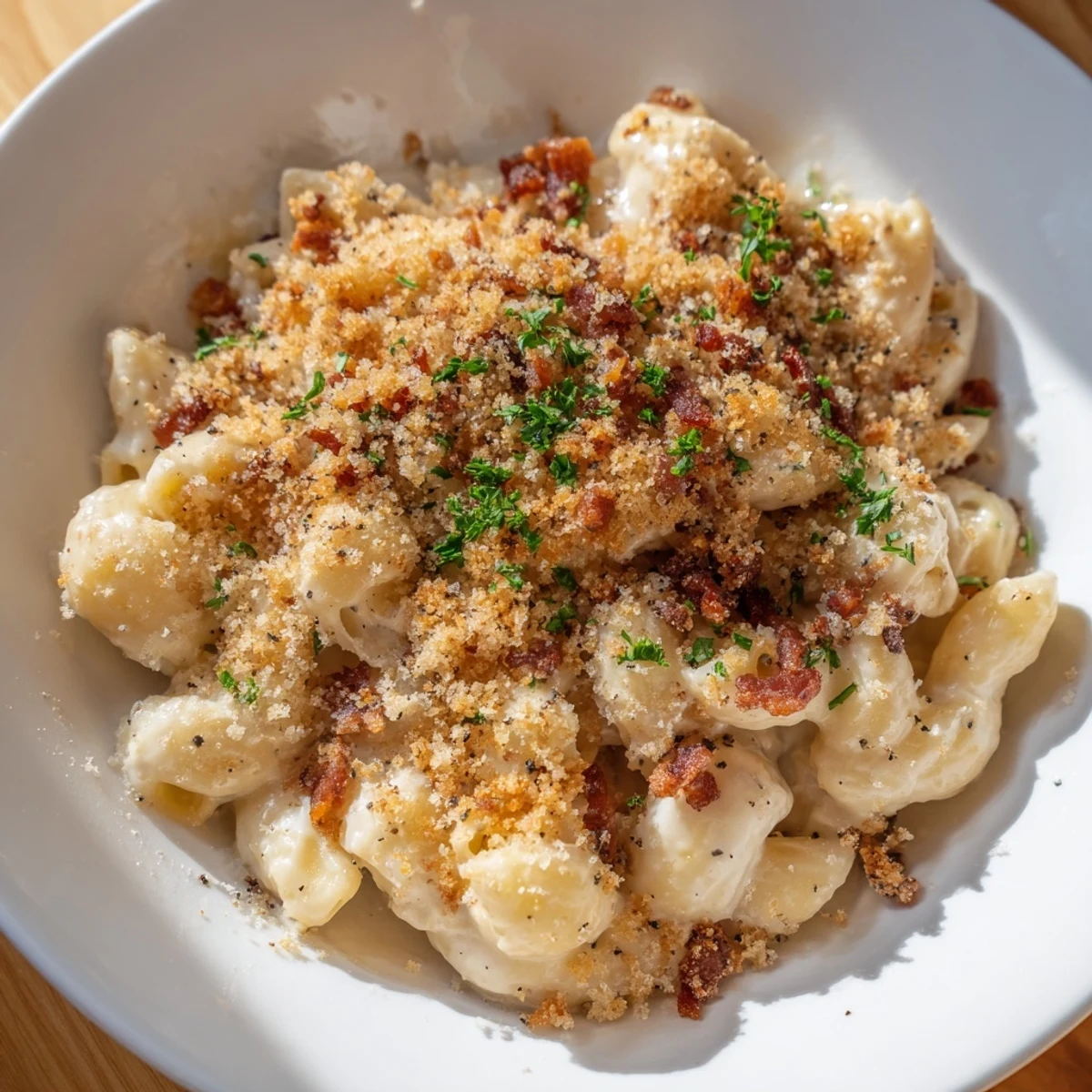 The comforting texture of Tinis Mac and Cheese with Bacon is perfectly contrasted with crunchy bacon topping.