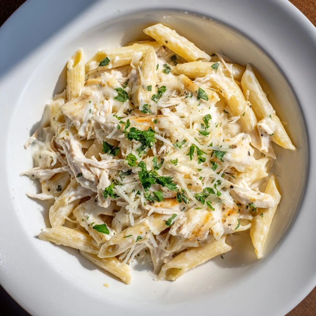 This warm Tini's Creamy Chicken Pasta features perfectly cooked penne enveloped in a rich, flavorful cream sauce.