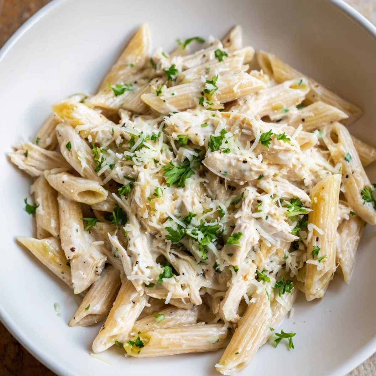 Enjoy a forkful of Tini's Creamy Chicken Pasta with penne, Parmesan, melted mozzarella and tender chicken pieces.